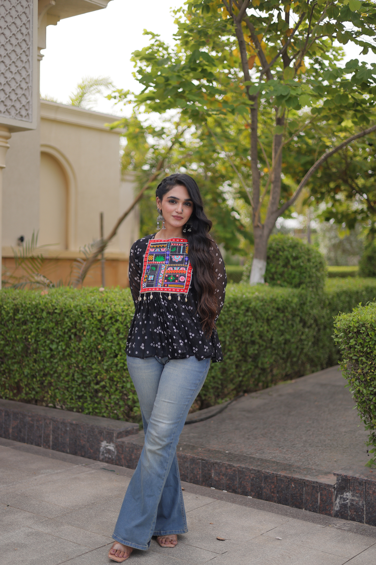 Designer Printed Peplum Top with Embroidered Yoke & Flared Hem