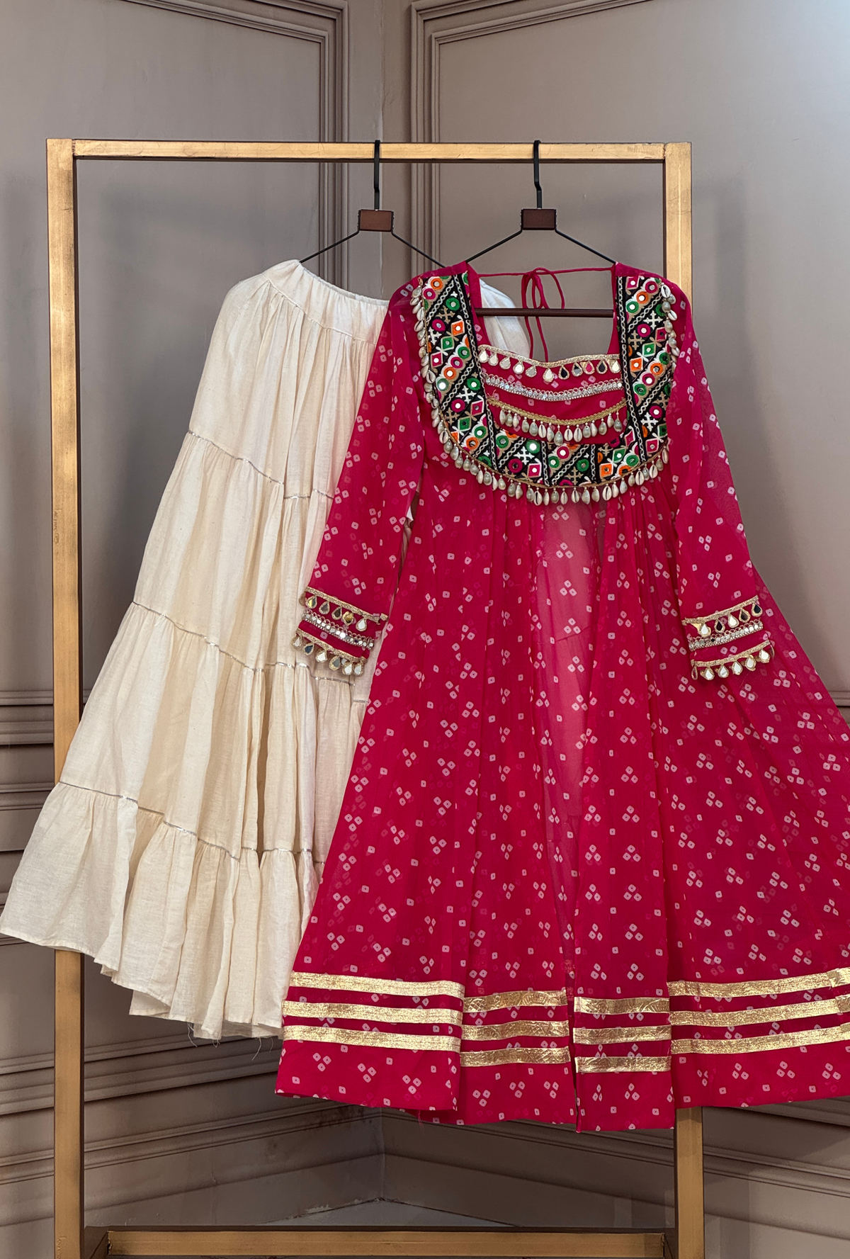 Premium Bandhani shrug with Kutchi Mirror Work & Gota Lace Detailing lehenga
