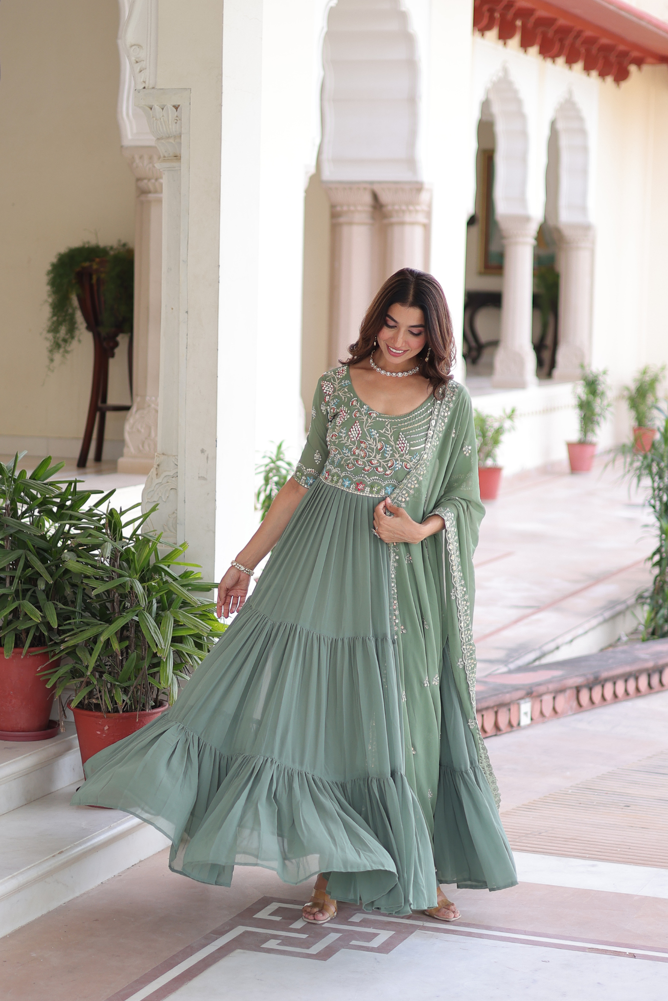 Women's Pista Green Embroidered Anarkali Gown with Dupatta