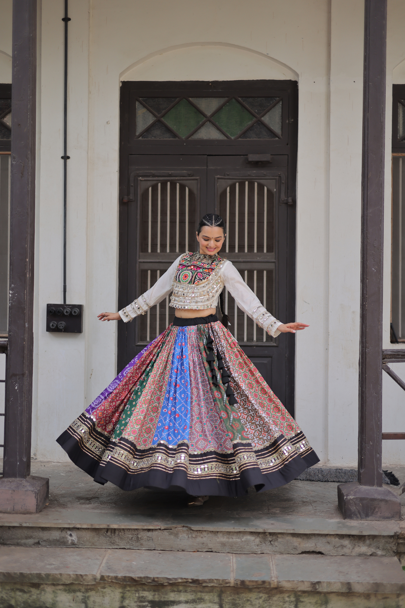 Women's Designer Kutchi Gamthi Patchwork Lehenga Choli Set with Mirror Work