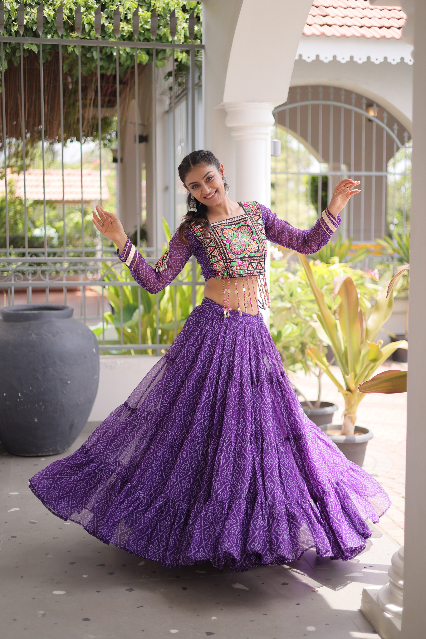 Women's Bandhani Printed Navratri Lehenga Choli Set with Kutchi Gamthi Embroidered Mirror Work Blouse