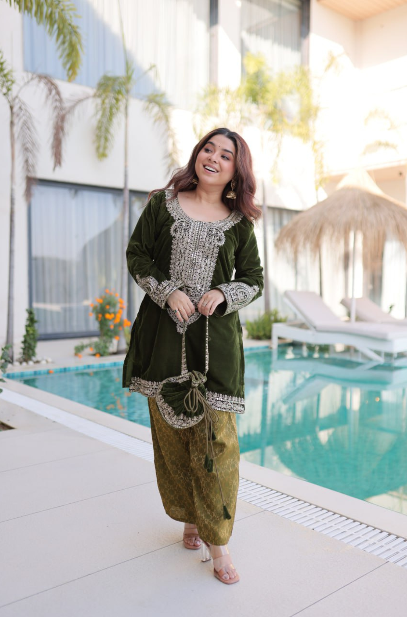 Designer Velvet Kurti Palazzo Set with Potli Bag for Women