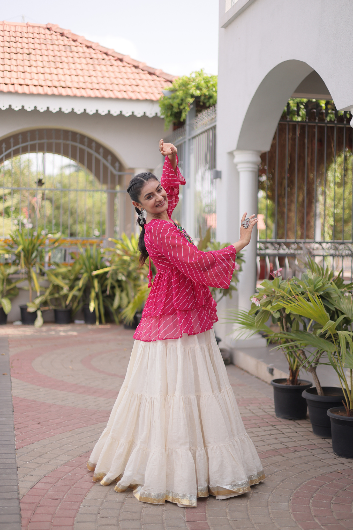 Women's Designer Kutchi Gamthi Peplum Top with Tiered Lehenga Skirt Set
