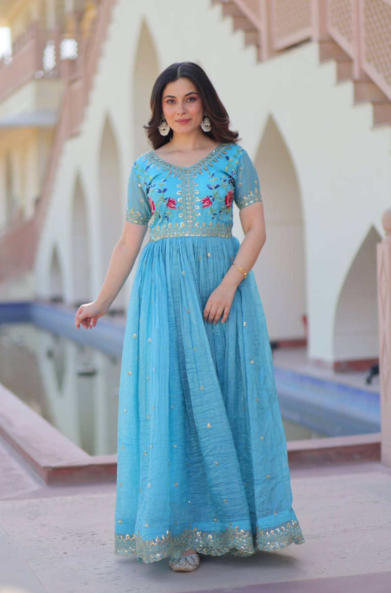 Women’s Floral Embroidered Anarkali Gown Dress