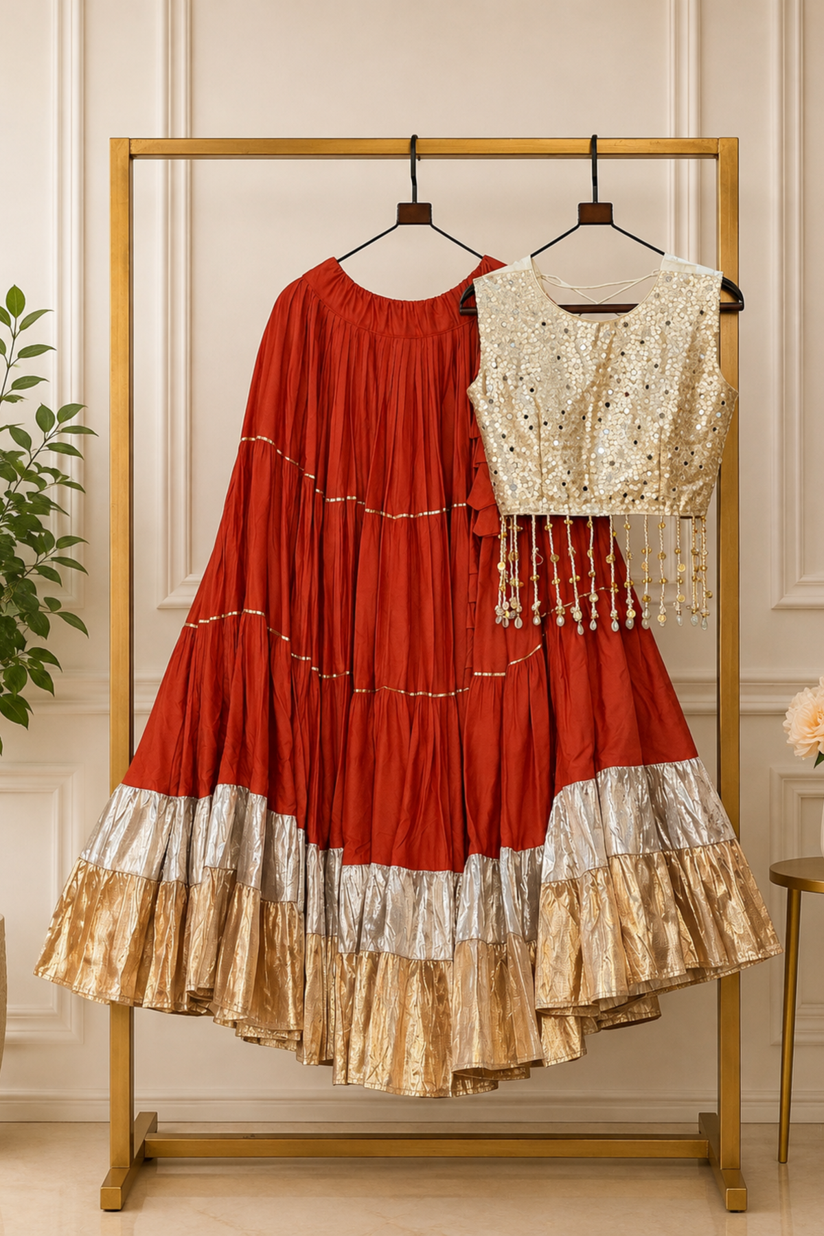 Women’s Burgundy Ethnic Lehenga Choli Set with Gold Sequin Blouse
