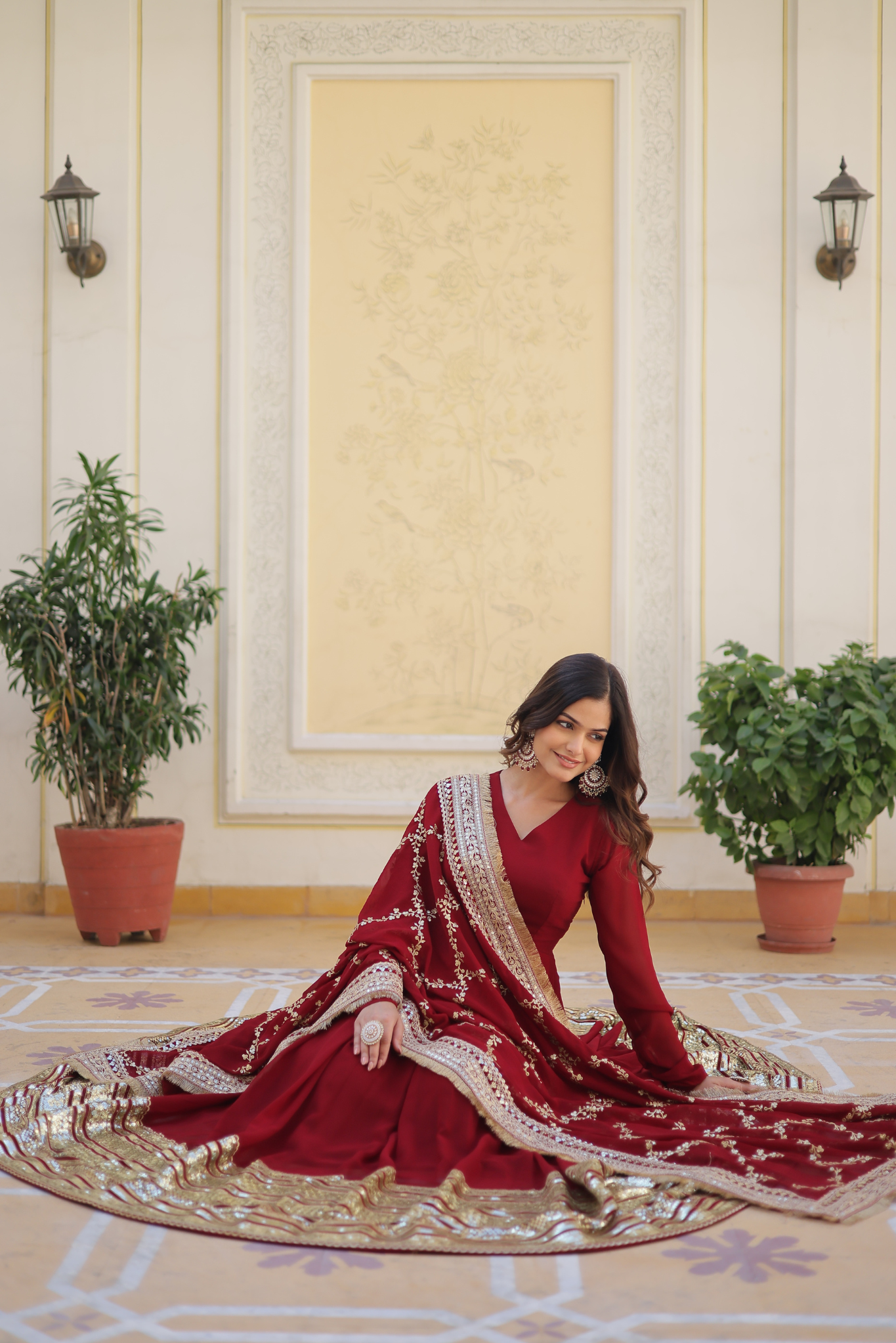Women's Maroon Embroidered Anarkali Gown with Dupatta