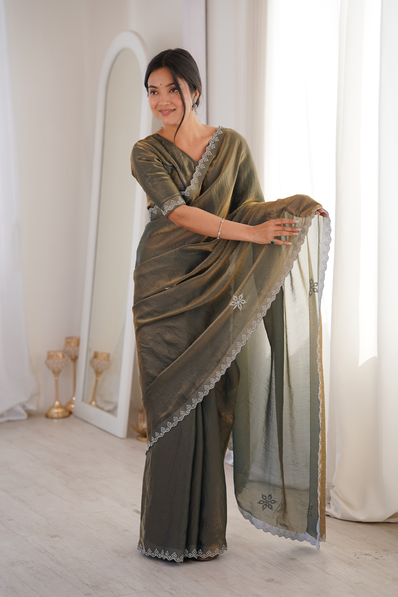 Women Tissue Silk Saree with Silver Border Embroidery