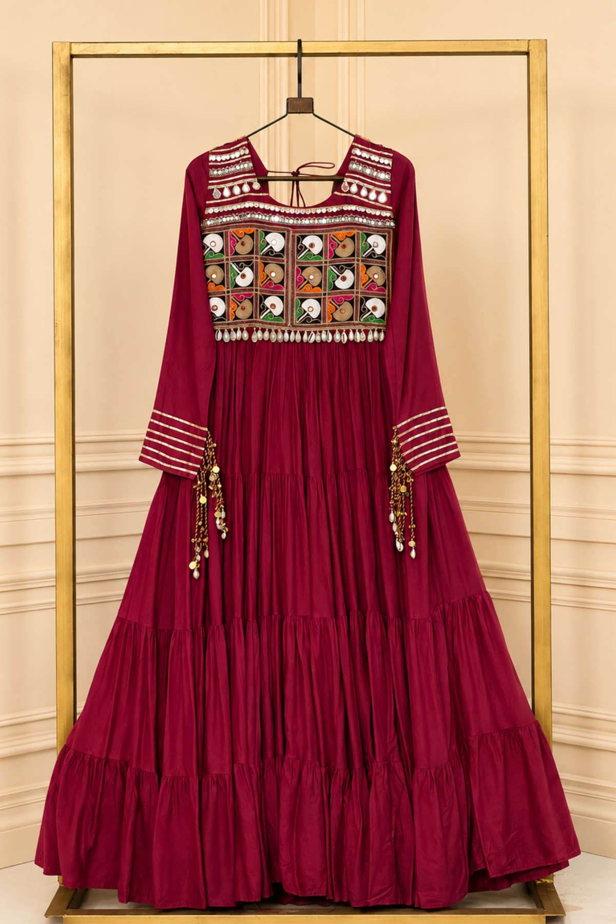 Women's Handcrafted Mirror Work Tiered Anarkali Gown