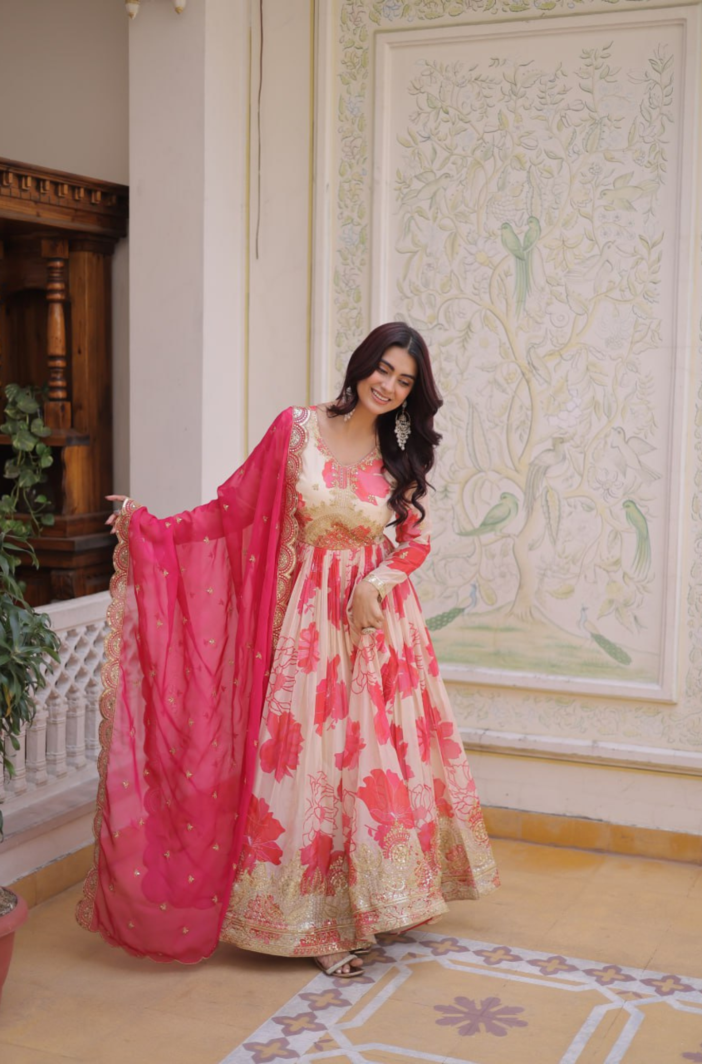 Luxury Floral Printed Anarkali Gown for Women with Embroidered Dupatta