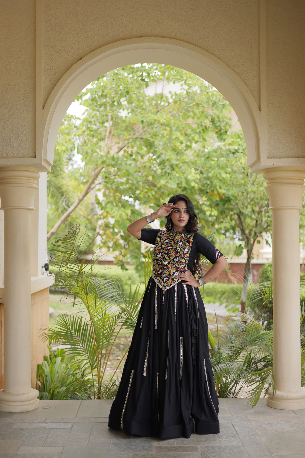 Designer Navratri Chaniya Choli with Embroidered Yoke & Mirror Work