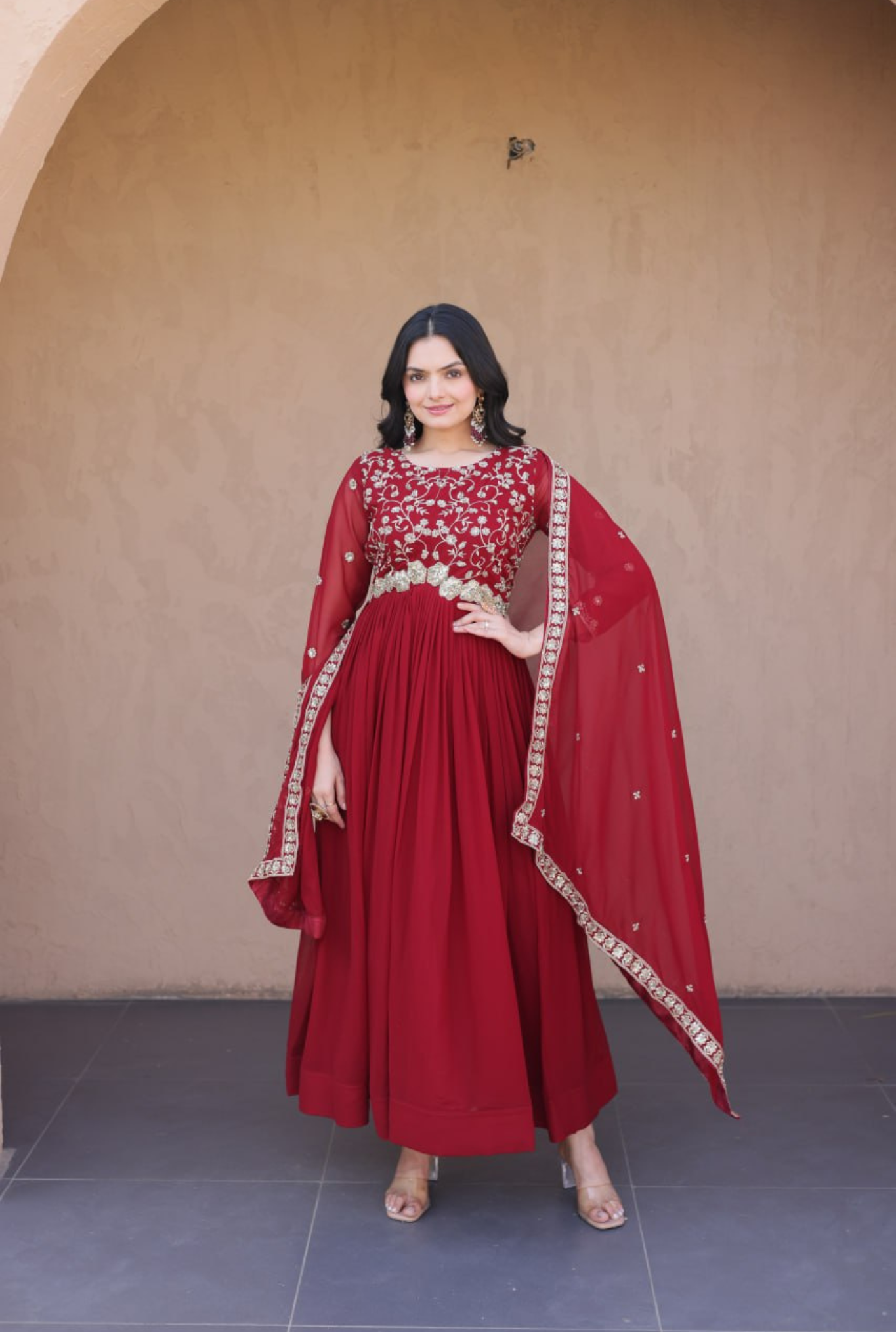 Women Embroidered Faux Blooming Anarkali Gown with Dupatta