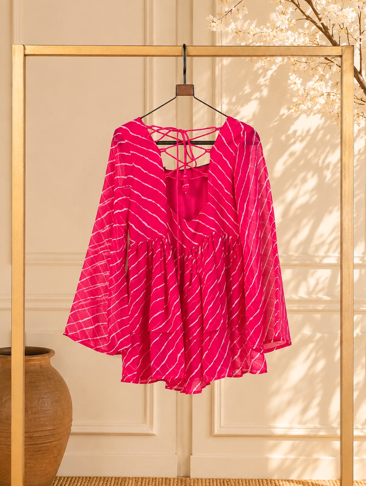 Women's Leheriya Peplum Top with Handcrafted Mirror Work