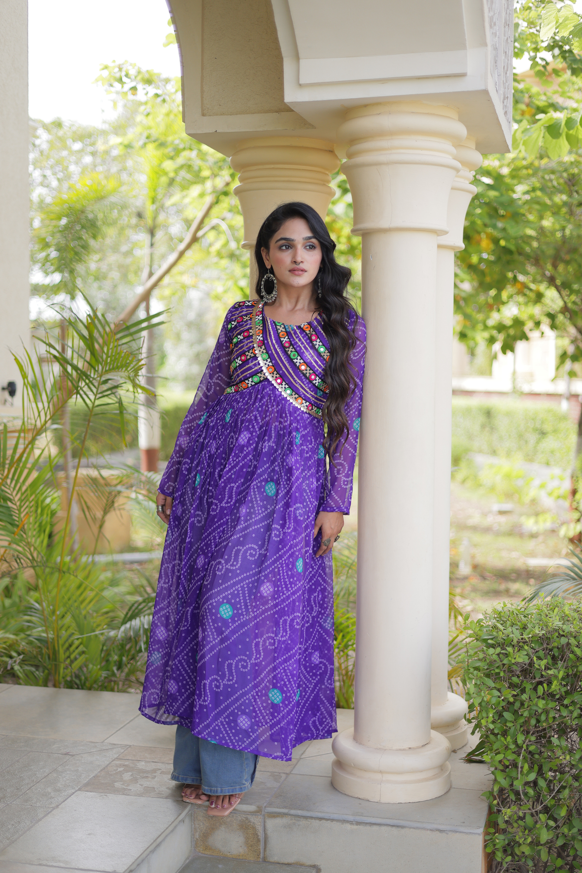 Women’s Long Anarkali Kurti with Ethnic Print & Embroidery