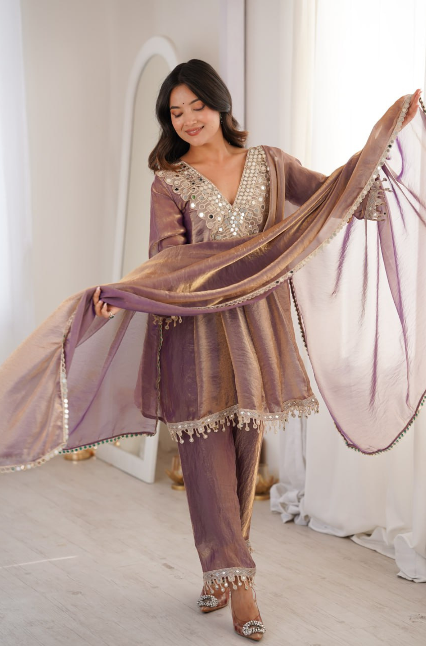 Women’s Mirror Work Kurta Pant Dupatta Set for Festive