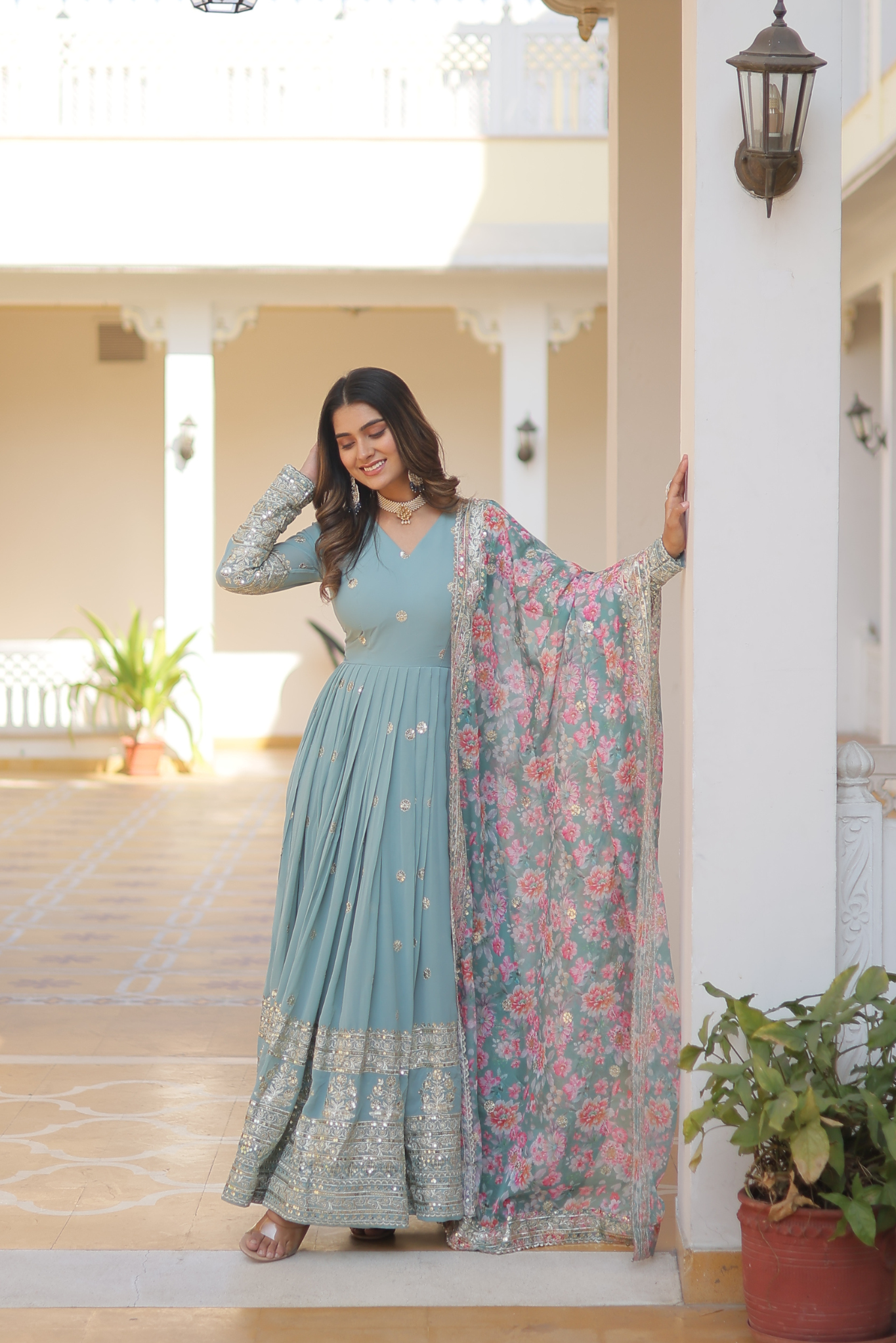 Women's Designer Sequins Embroidered Anarkali Gown with Floral Printed Dupatta