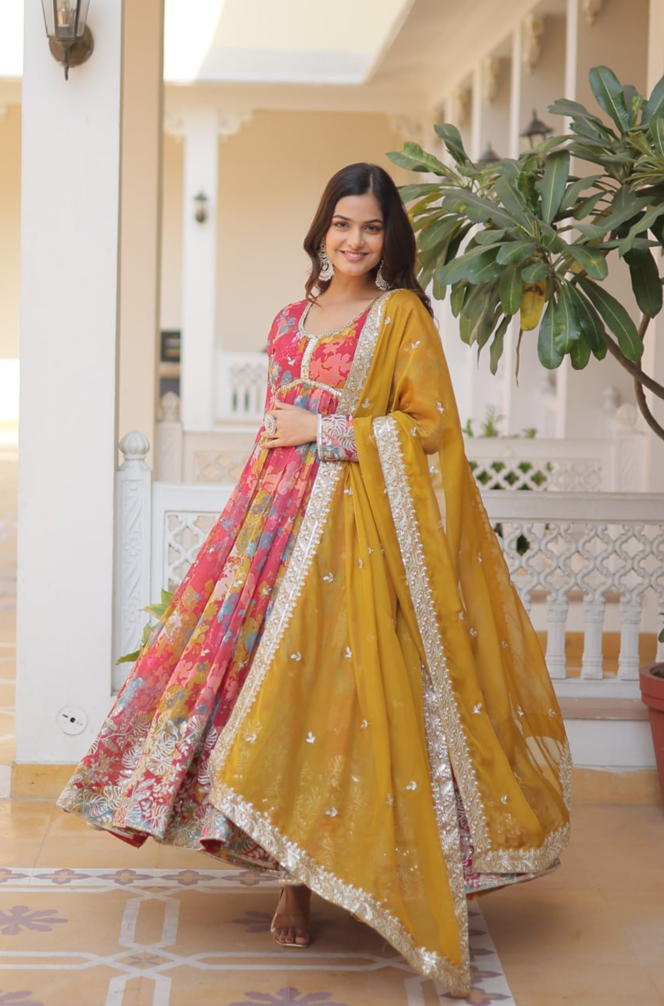 Women’s Floral Print Anarkali Gown with Dupatta Set
