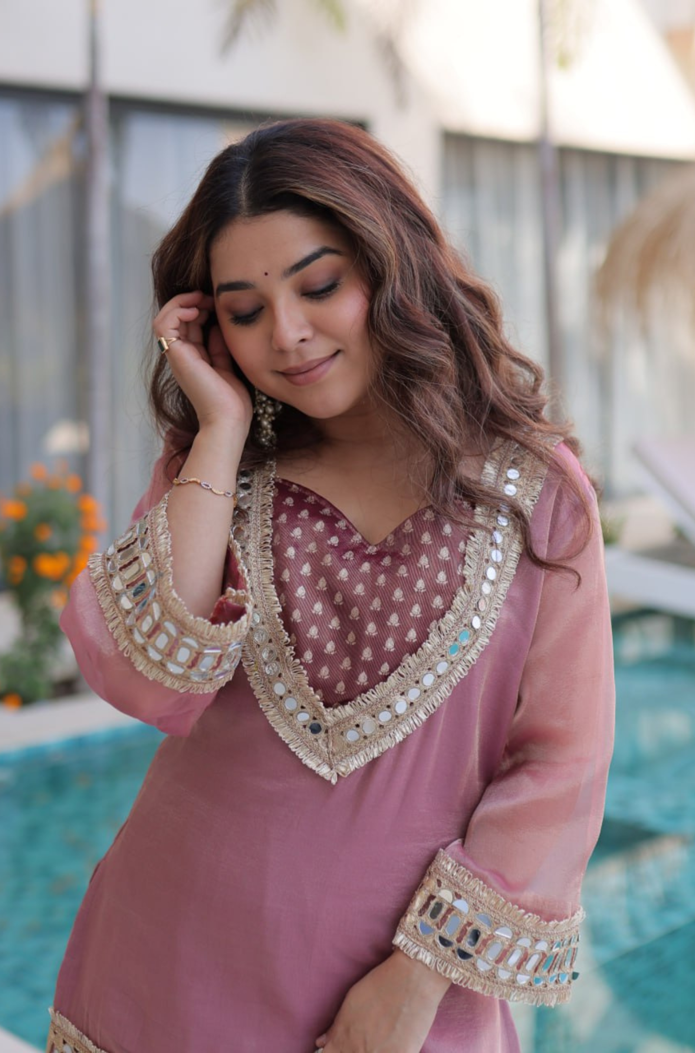 Women's Mirror Work Co-ord Set with Pant & Batwa