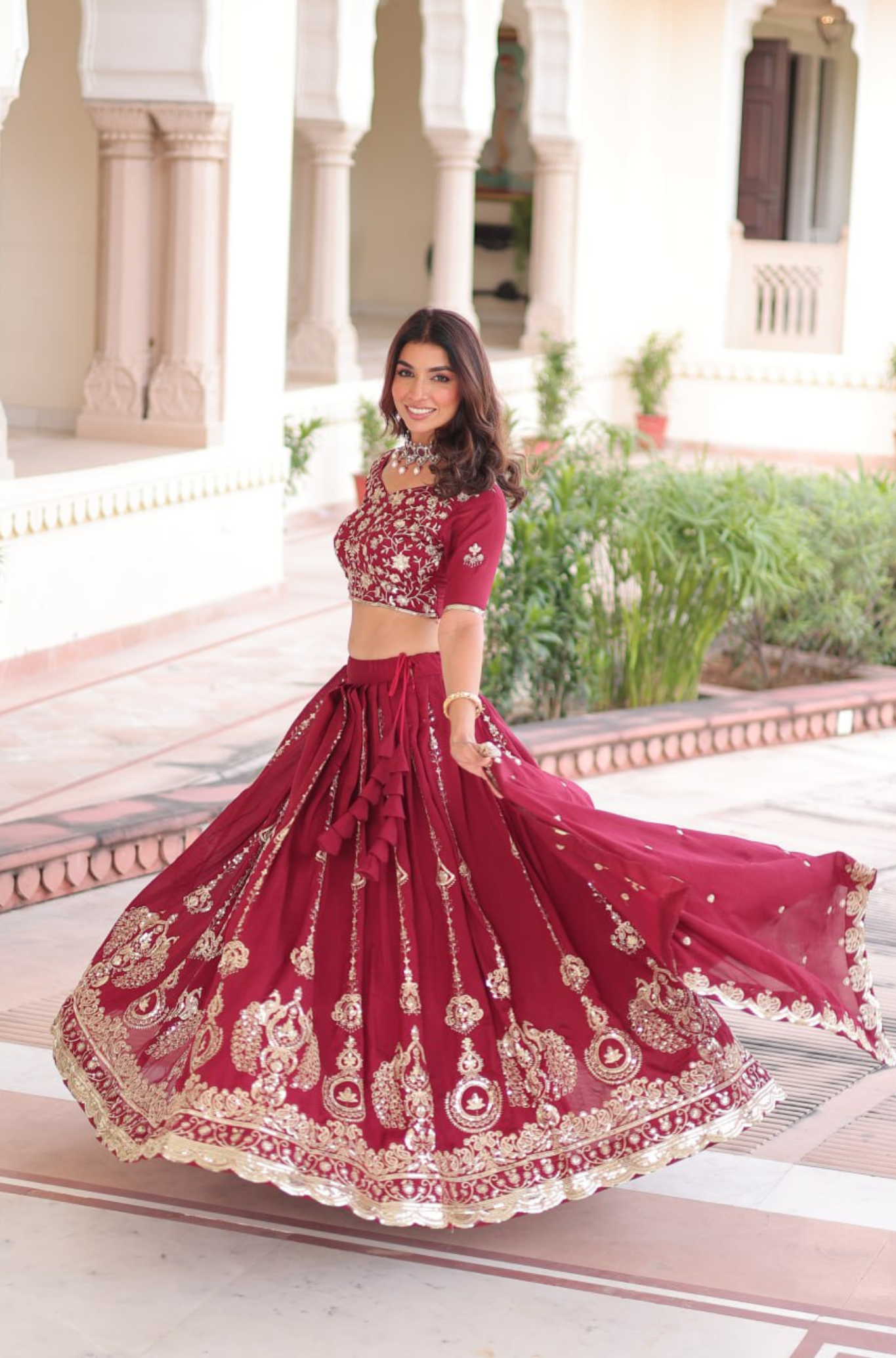 Traditional Maroon Bridal Embroidered Lehenga Choli Set for Women