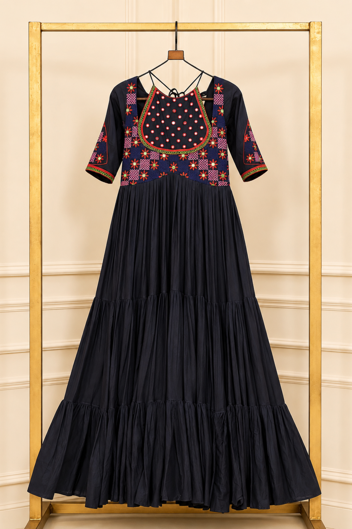 Women’s Designer Anarkali Gown with Embroidered Yoke, Flared Tiered Silhouette & 3/4 Sleeves | Festive Ethnic Wear