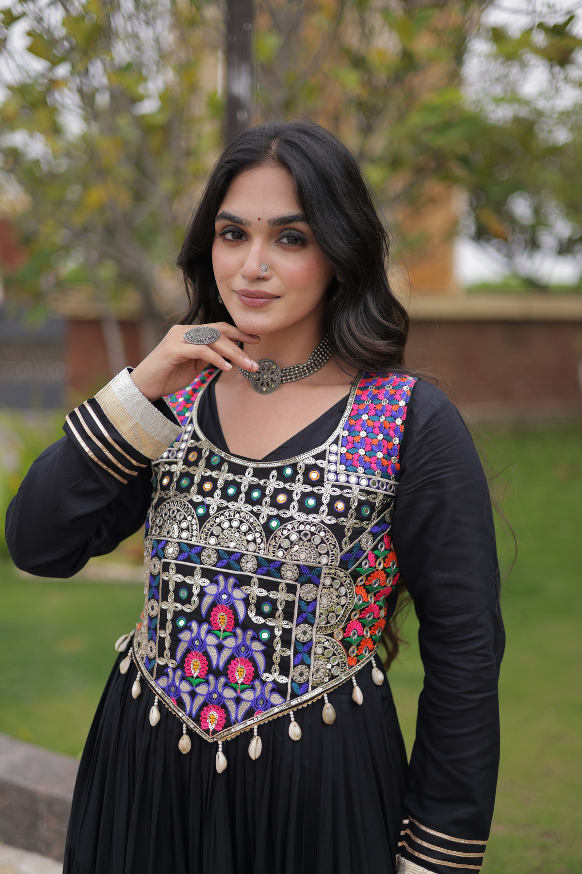 Designer Embroidered Koti Gown with Mirror Work & Flared Skirt