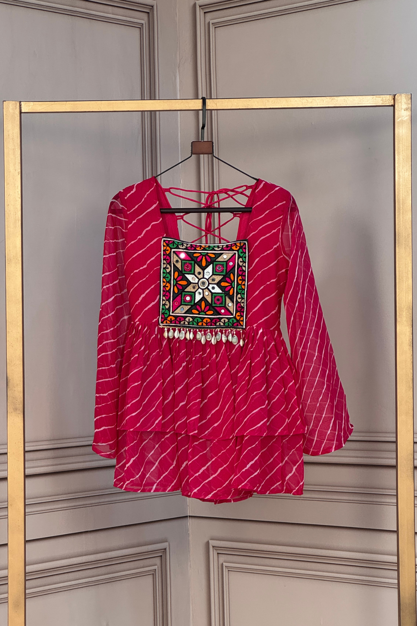 Women's Leheriya Peplum Top with Handcrafted Mirror Work