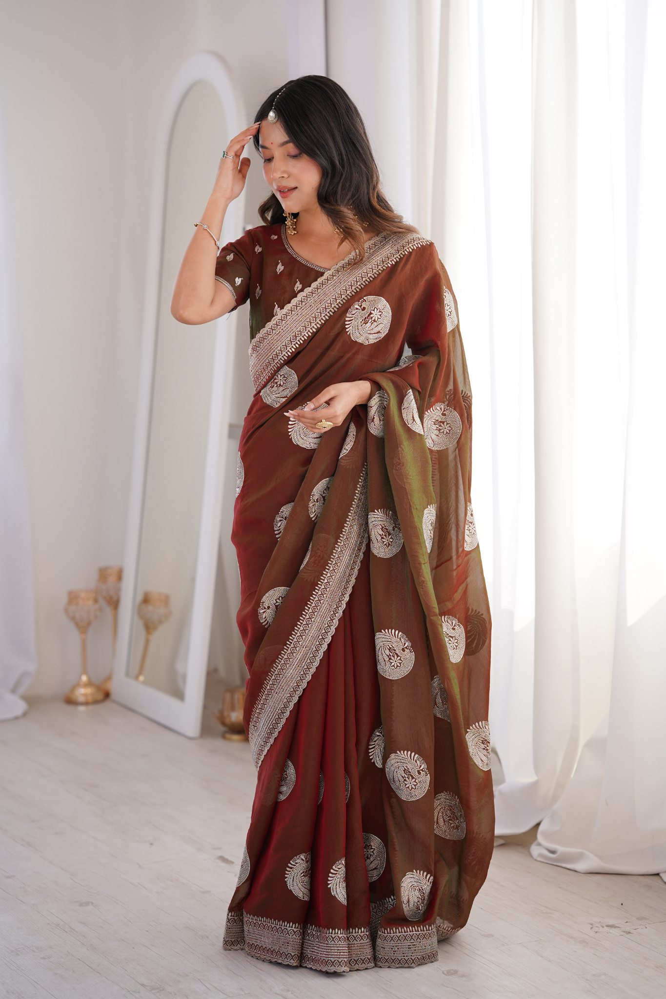 Women Organza Saree with Silver Zari Embroidery Border
