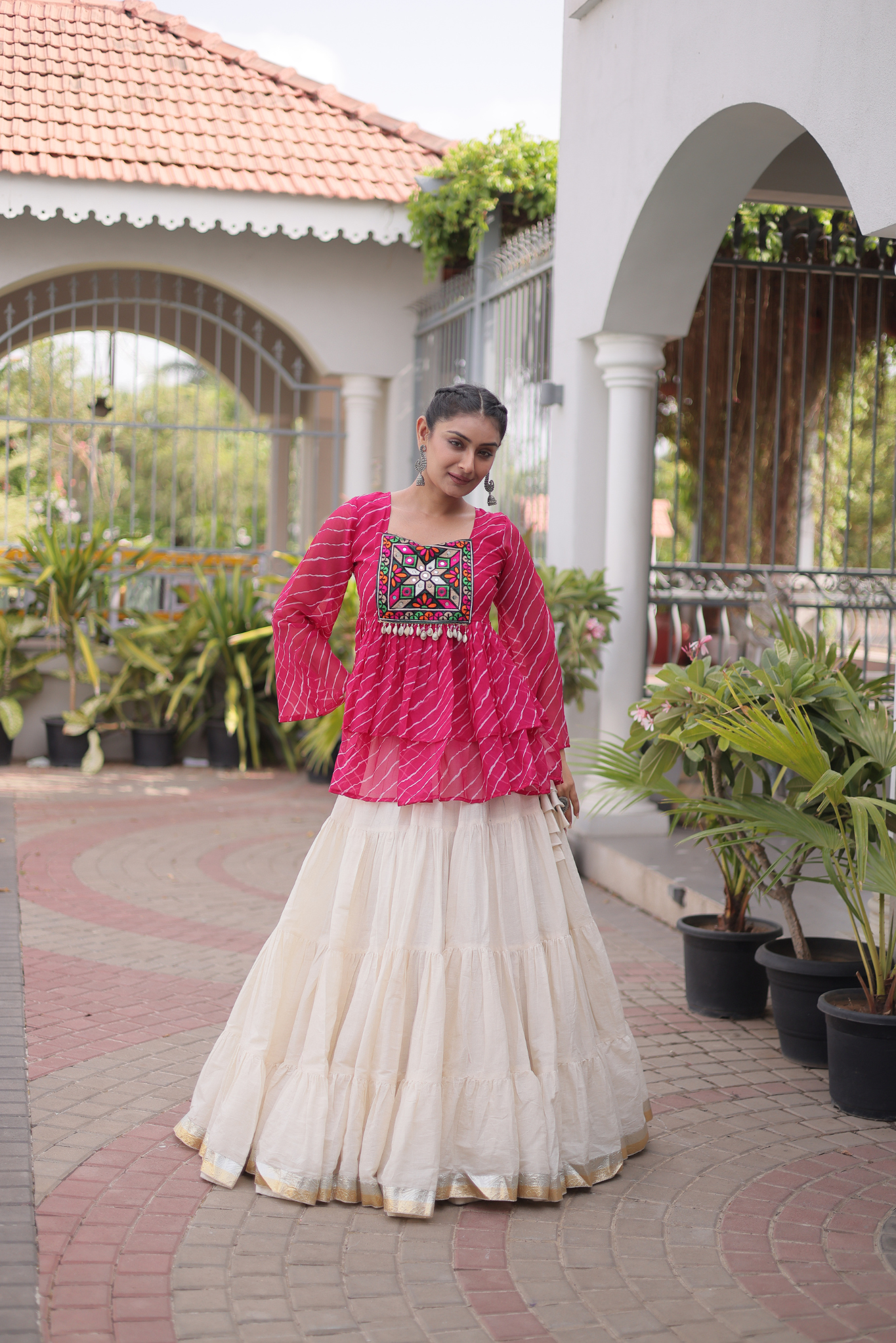 Women's Designer Kutchi Gamthi Peplum Top with Tiered Lehenga Skirt Set