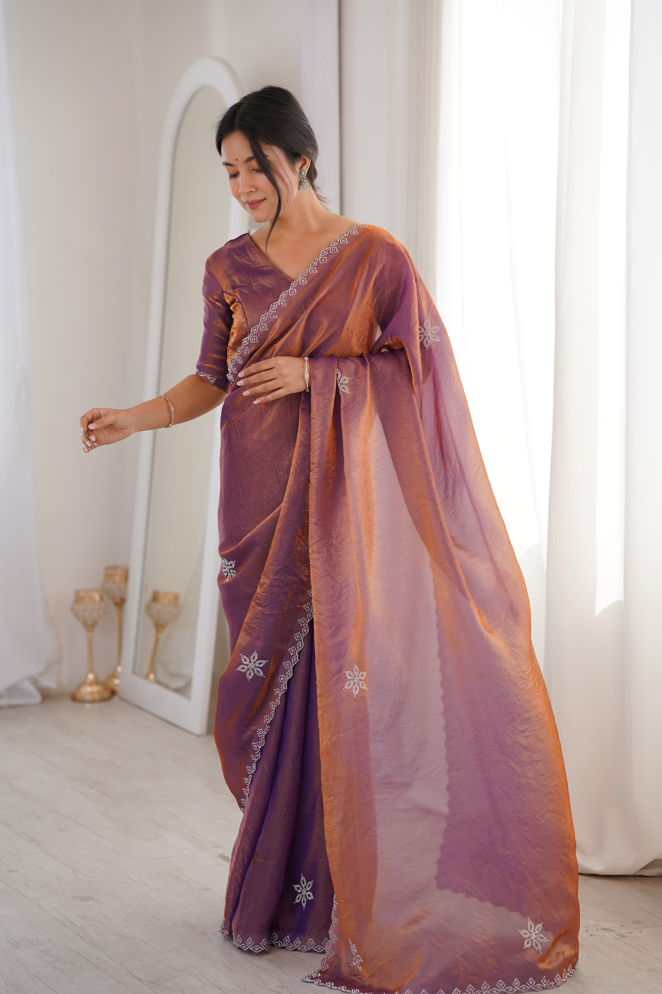 Women Tissue Silk Saree with Silver Border Embroidery