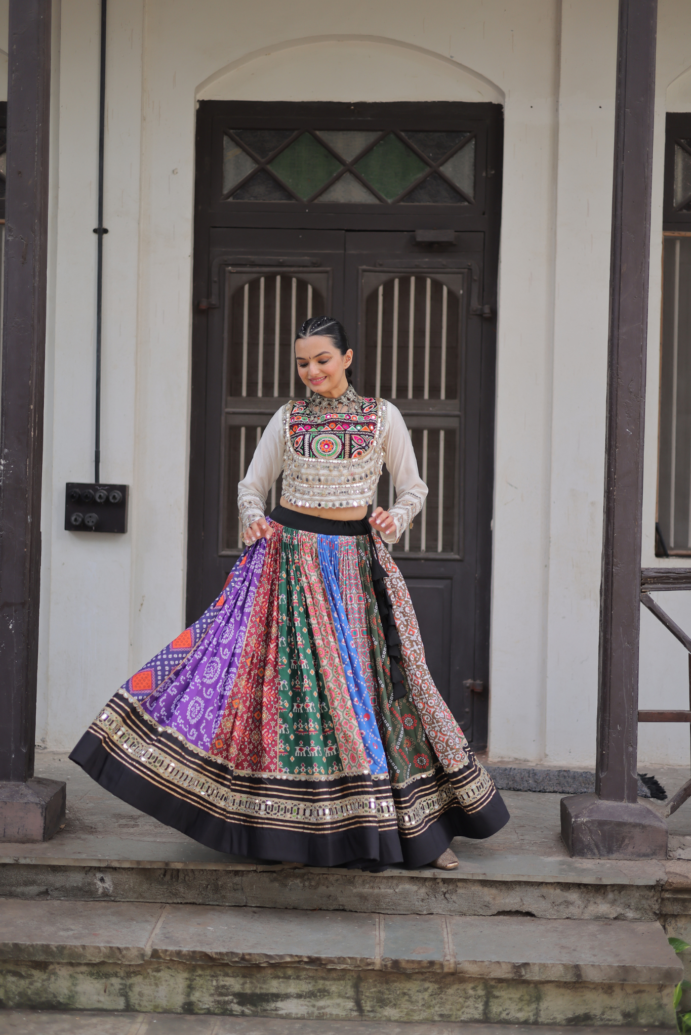 Women's Designer Kutchi Gamthi Patchwork Lehenga Choli Set with Mirror Work