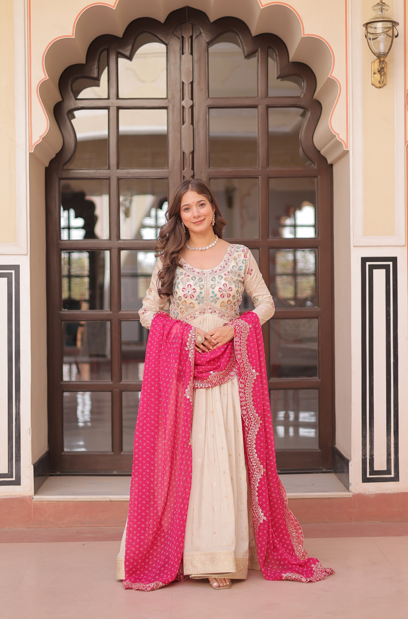 Women Mirror Embroidered Anarkali Gown with Bandhani Dupatta