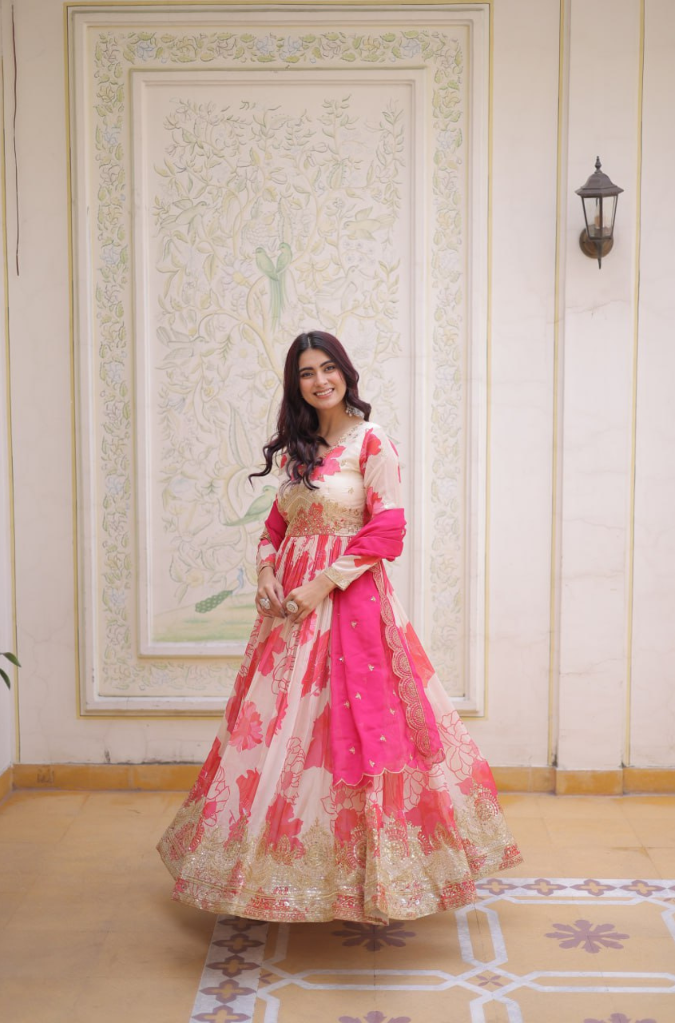 Luxury Floral Printed Anarkali Gown for Women with Embroidered Dupatta