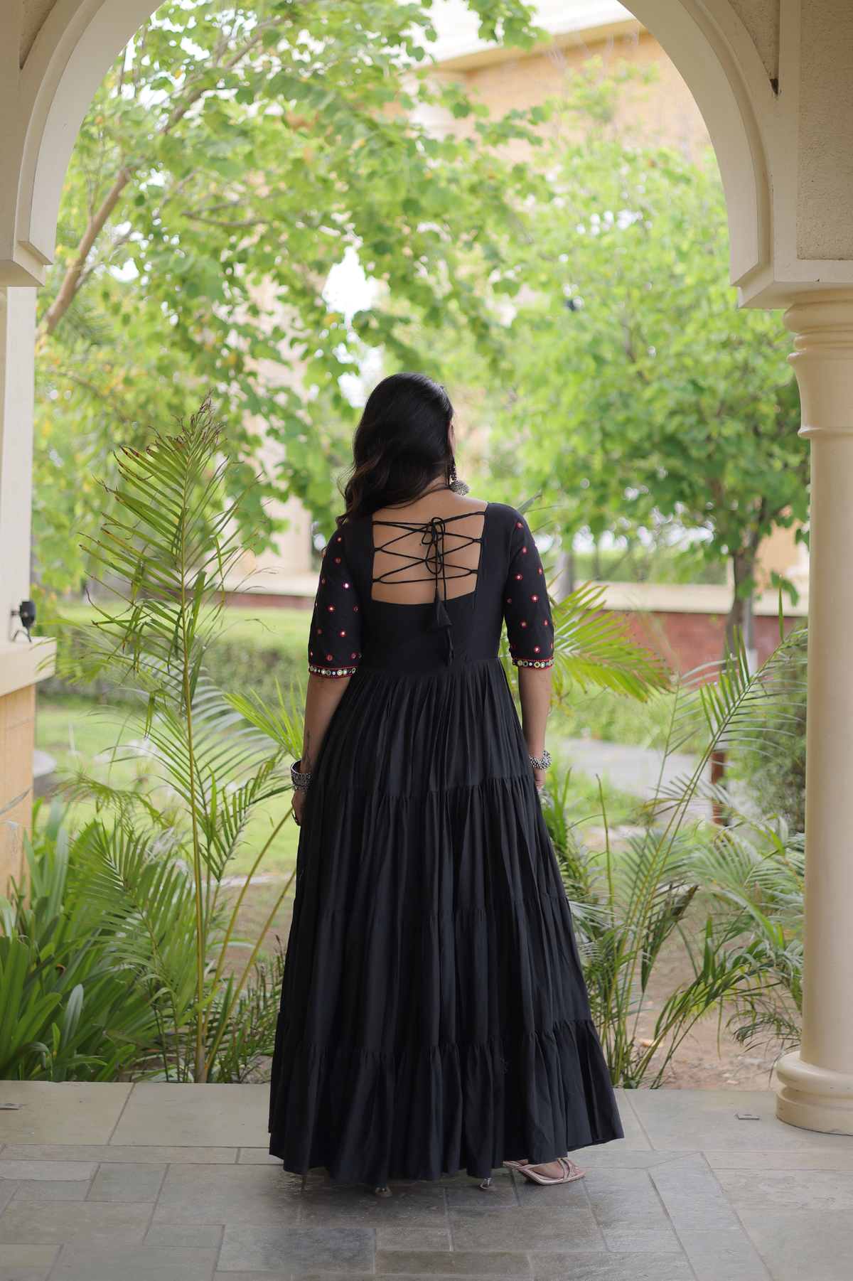 Women’s Designer Anarkali Gown with Embroidered Bodice & Flared Tiered Design | Festive Ethnic Wear