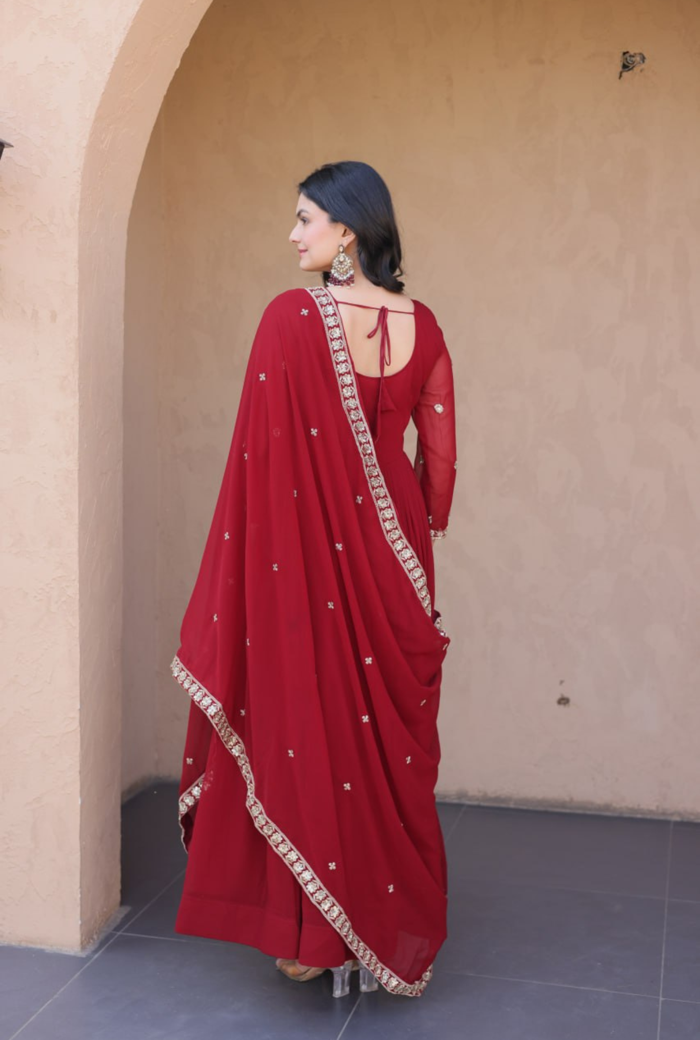Women Embroidered Faux Blooming Anarkali Gown with Dupatta