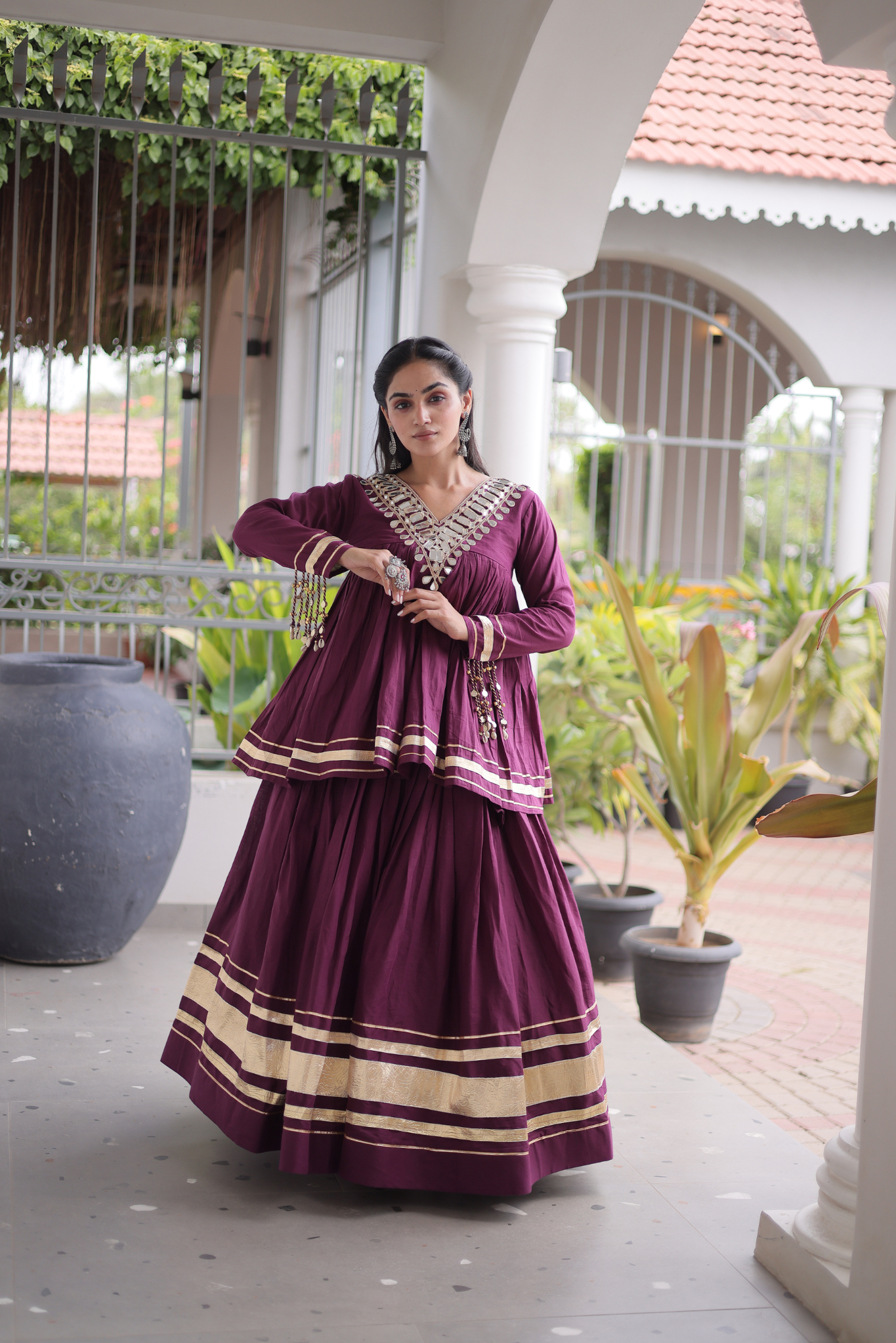 Women's Designer Ethnic Co-Ord Set with Mirror Work Peplum Top & Long Flared Skirt
