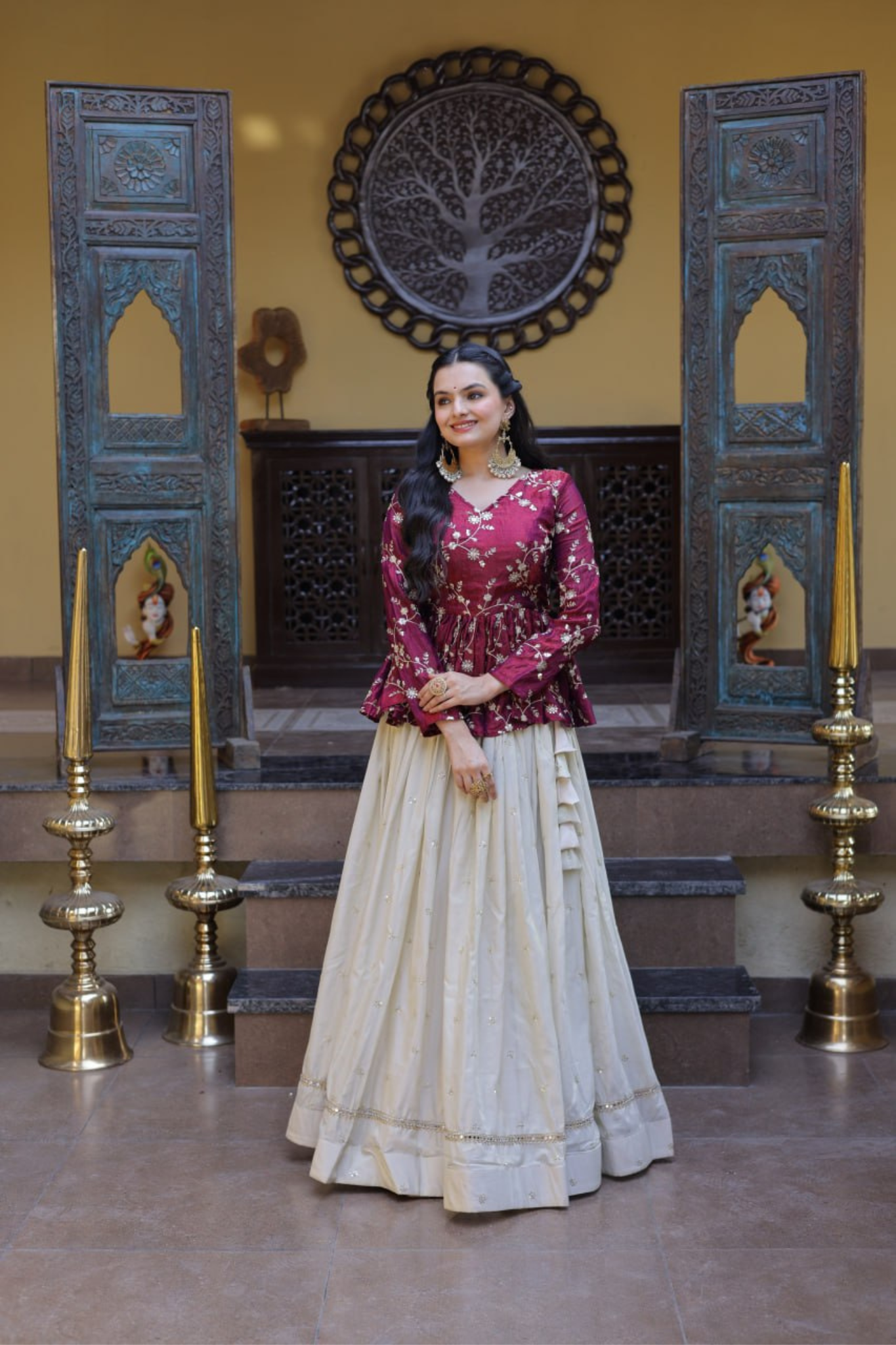Women's Embroidered Peplum Top with Flared Skirt Set