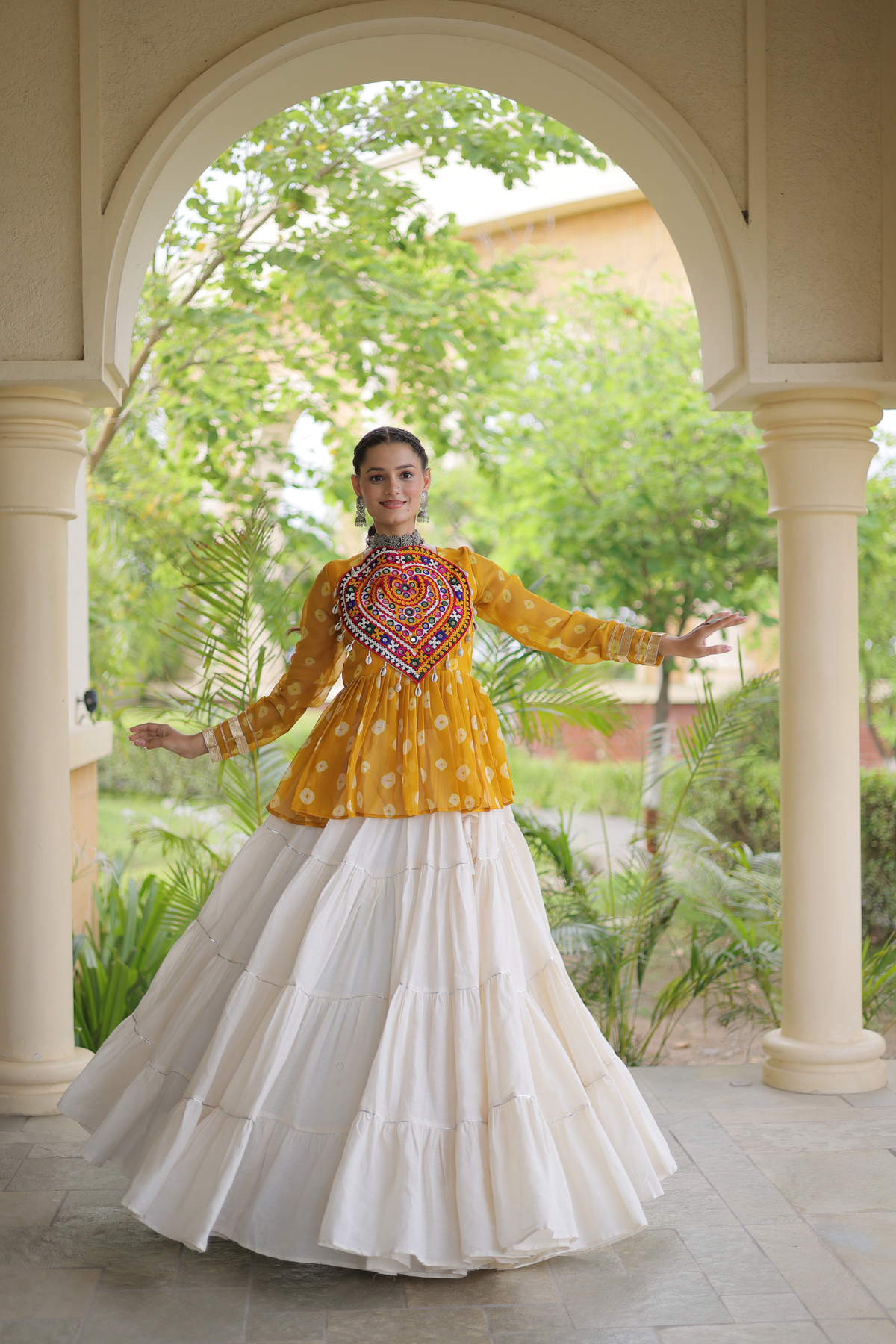 Women’s Designer Black Embroidered Peplum Top with White Flared Lehenga Skirt
