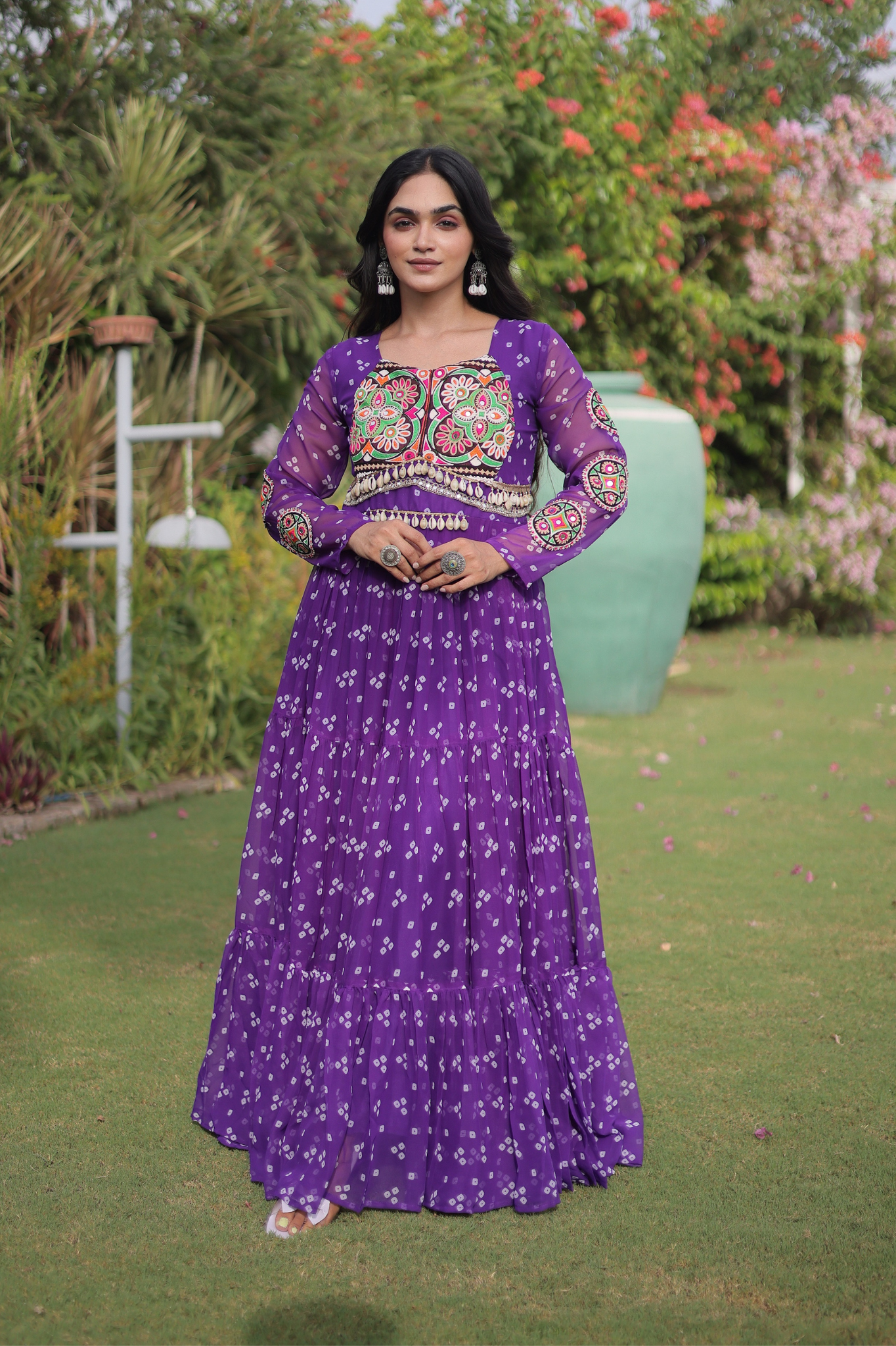 Women's Handcrafted Mirror Work Tiered Anarkali Gown
