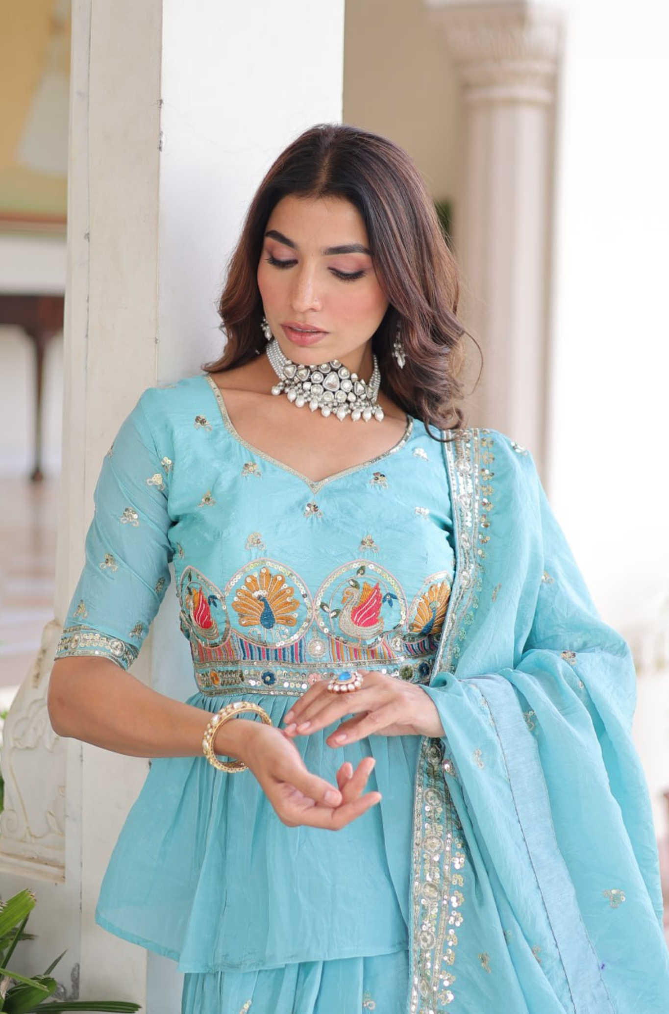 Aqua Blue Designer Embroidered Lehenga Choli Set for Women