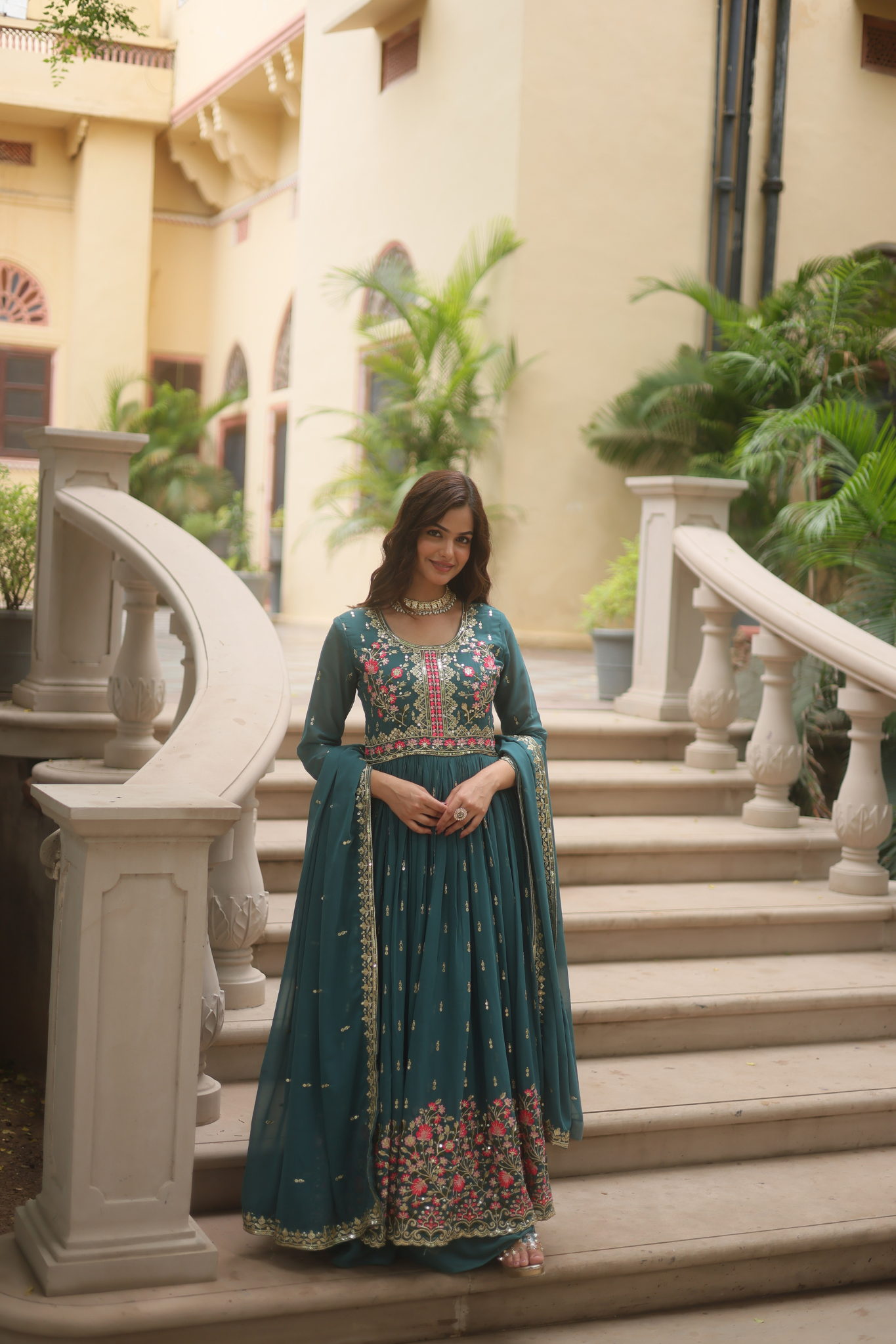 Women's Designer Floral Embroidered Anarkali Gown with Dupatta