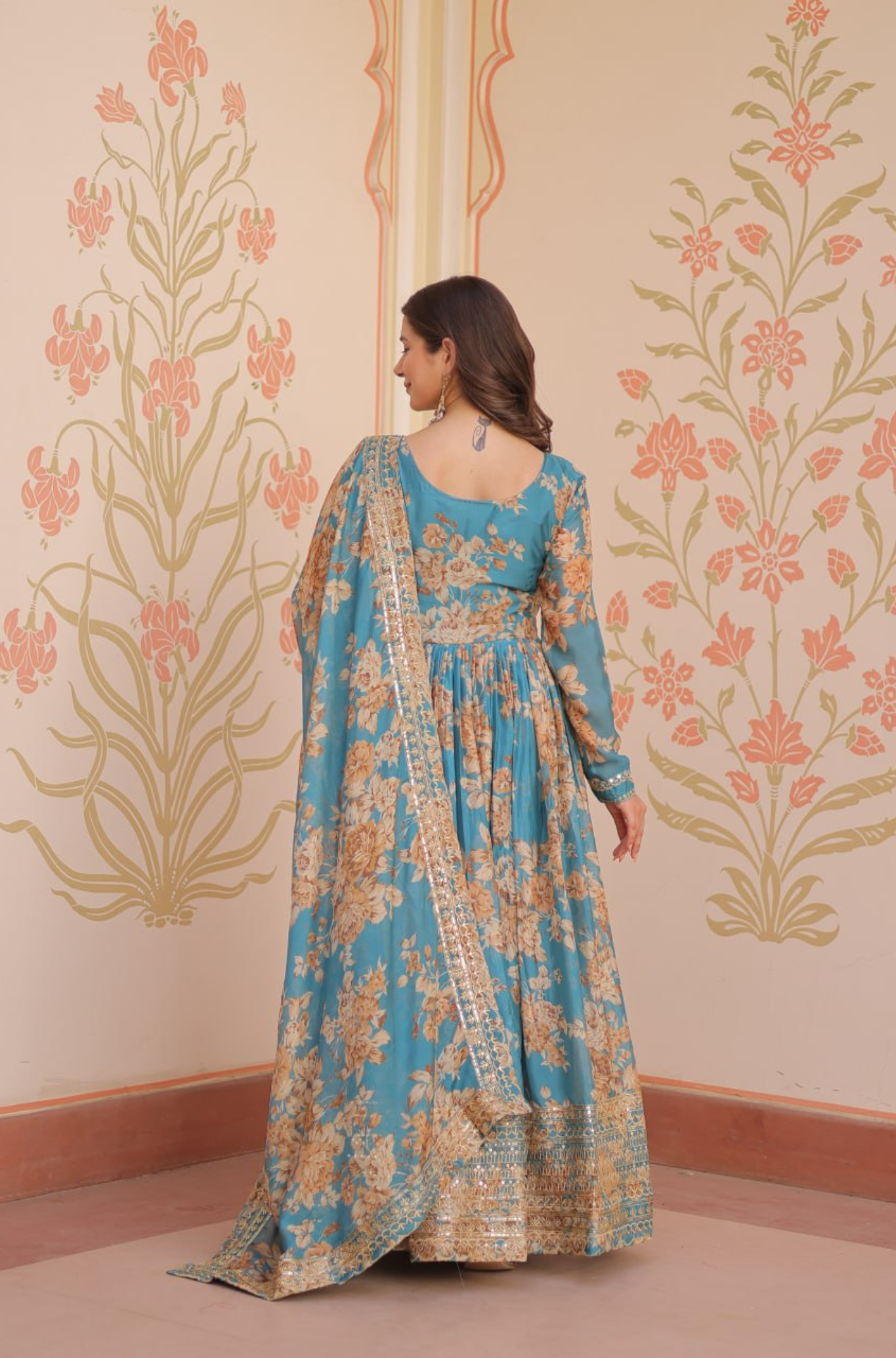 Women's Designer Floral Anarkali Gown Dupatta Set