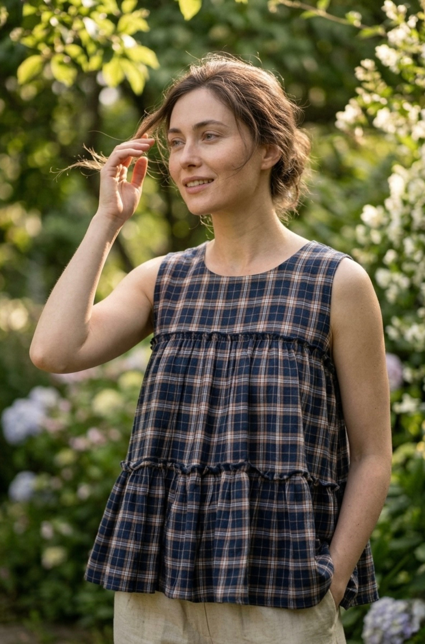 Women Sleeveless Checked Cotton Peplum Top with Straight Pant Co-Ord Set