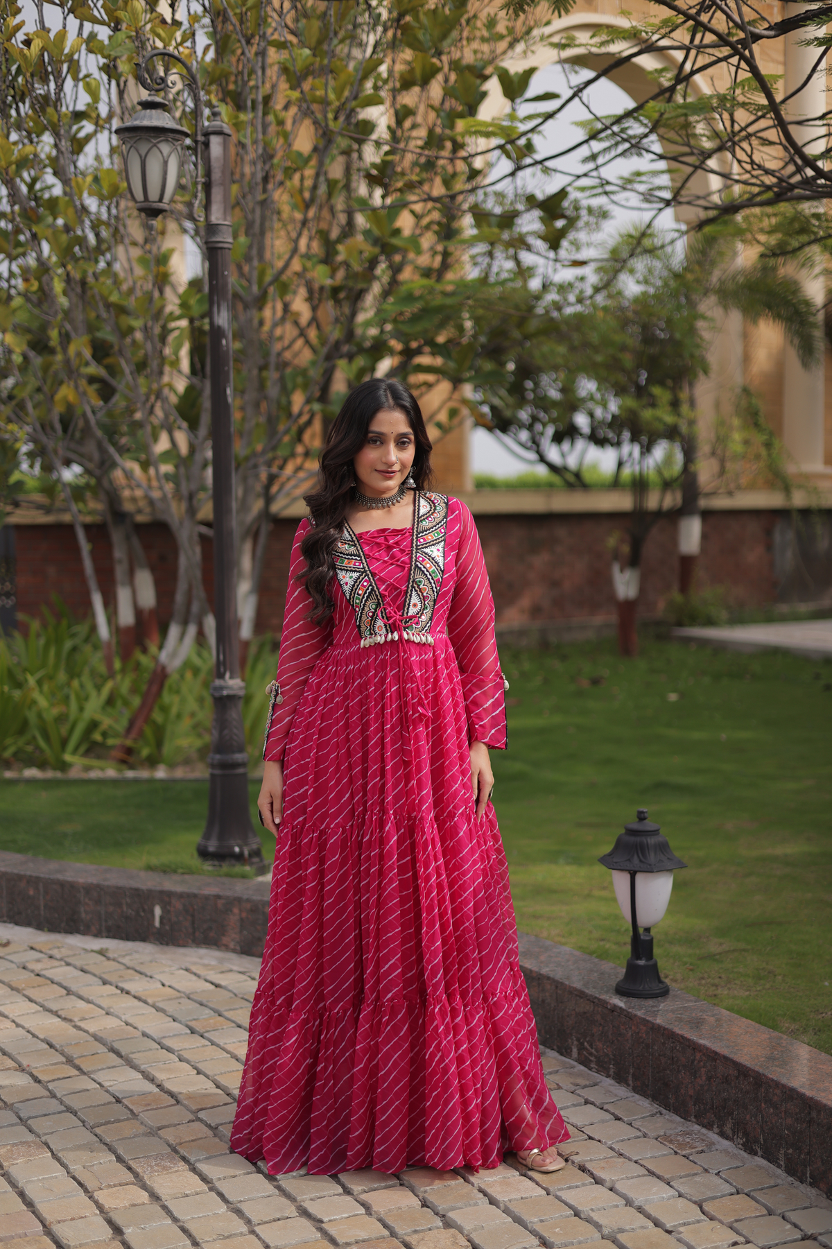 Designer Printed Anarkali Gown with Embroidered Yoke & Flared Skirt