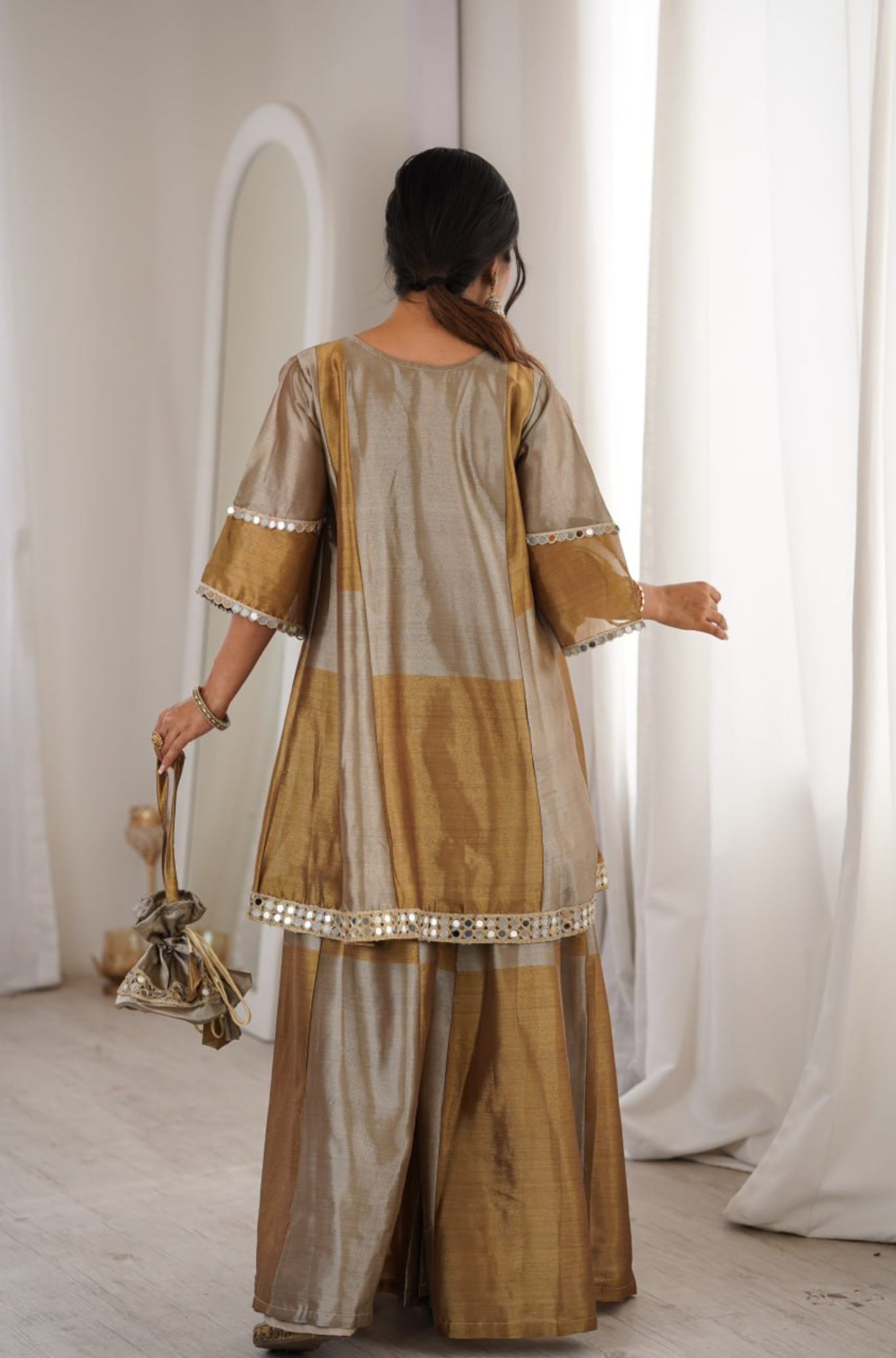 Women Mirror Work Silk Blend Kurta with Palazzo Set