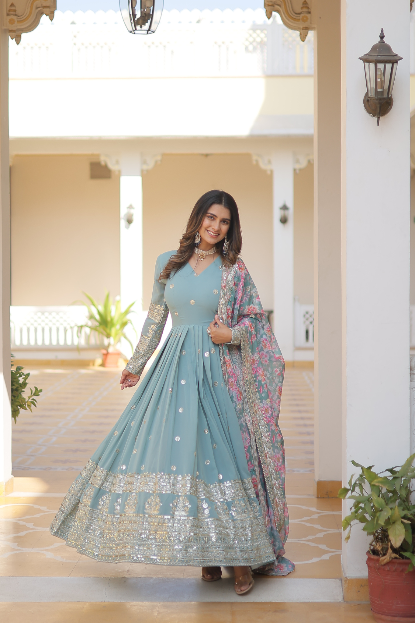 Women's Designer Sequins Embroidered Anarkali Gown with Floral Printed Dupatta