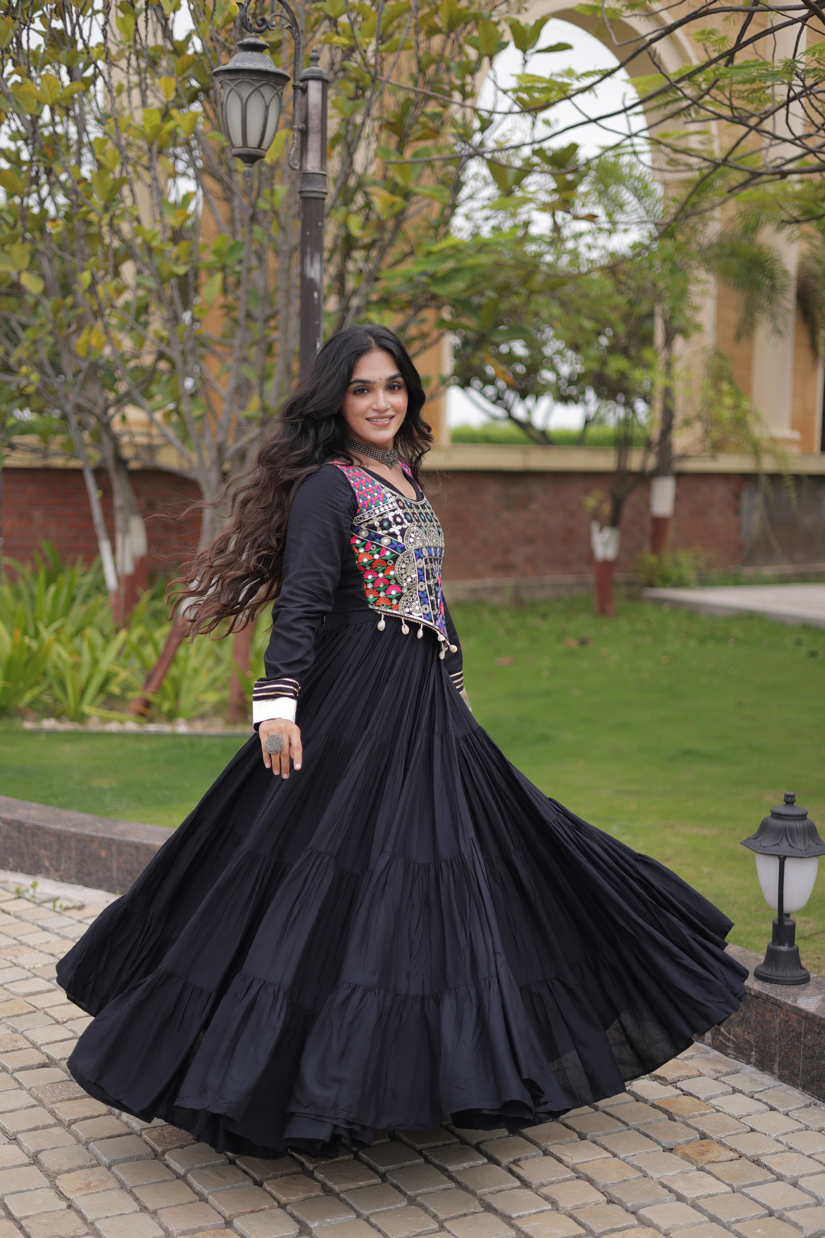 Designer Embroidered Koti Gown with Mirror Work & Flared Skirt