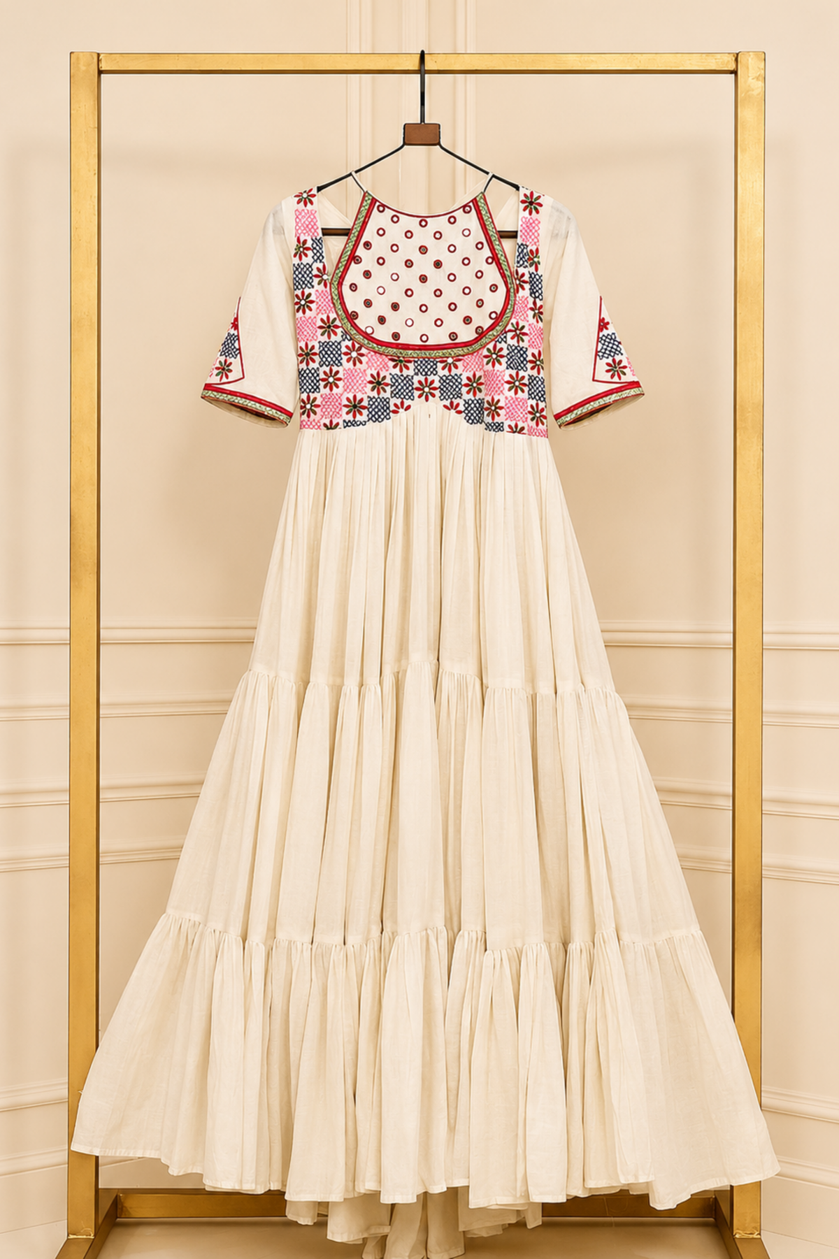 Women’s Designer Anarkali Gown with Embroidered Yoke, Flared Tiered Silhouette & 3/4 Sleeves | Festive Ethnic Wear