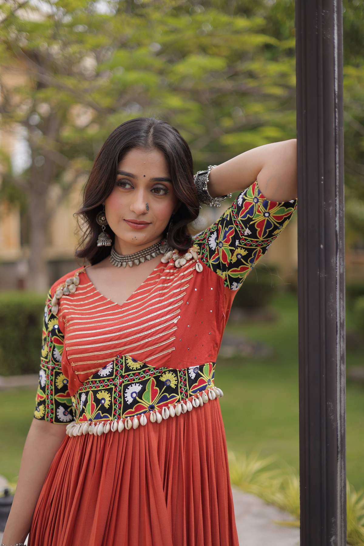 Designer Anarkali Gown with Kutchi Embroidered Yoke & Flared Skirt