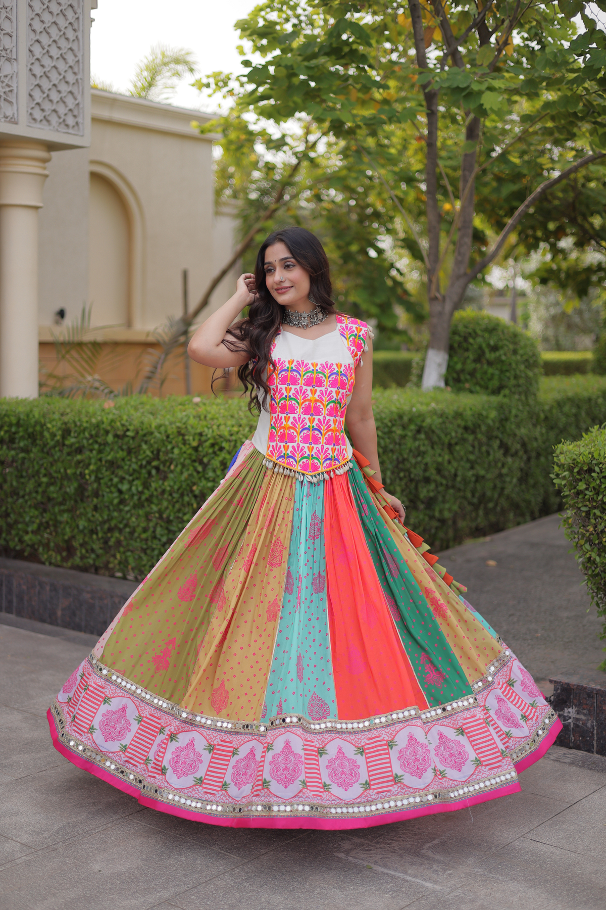 Designer Embroidered Choli with Printed Panelled Flared Lehenga