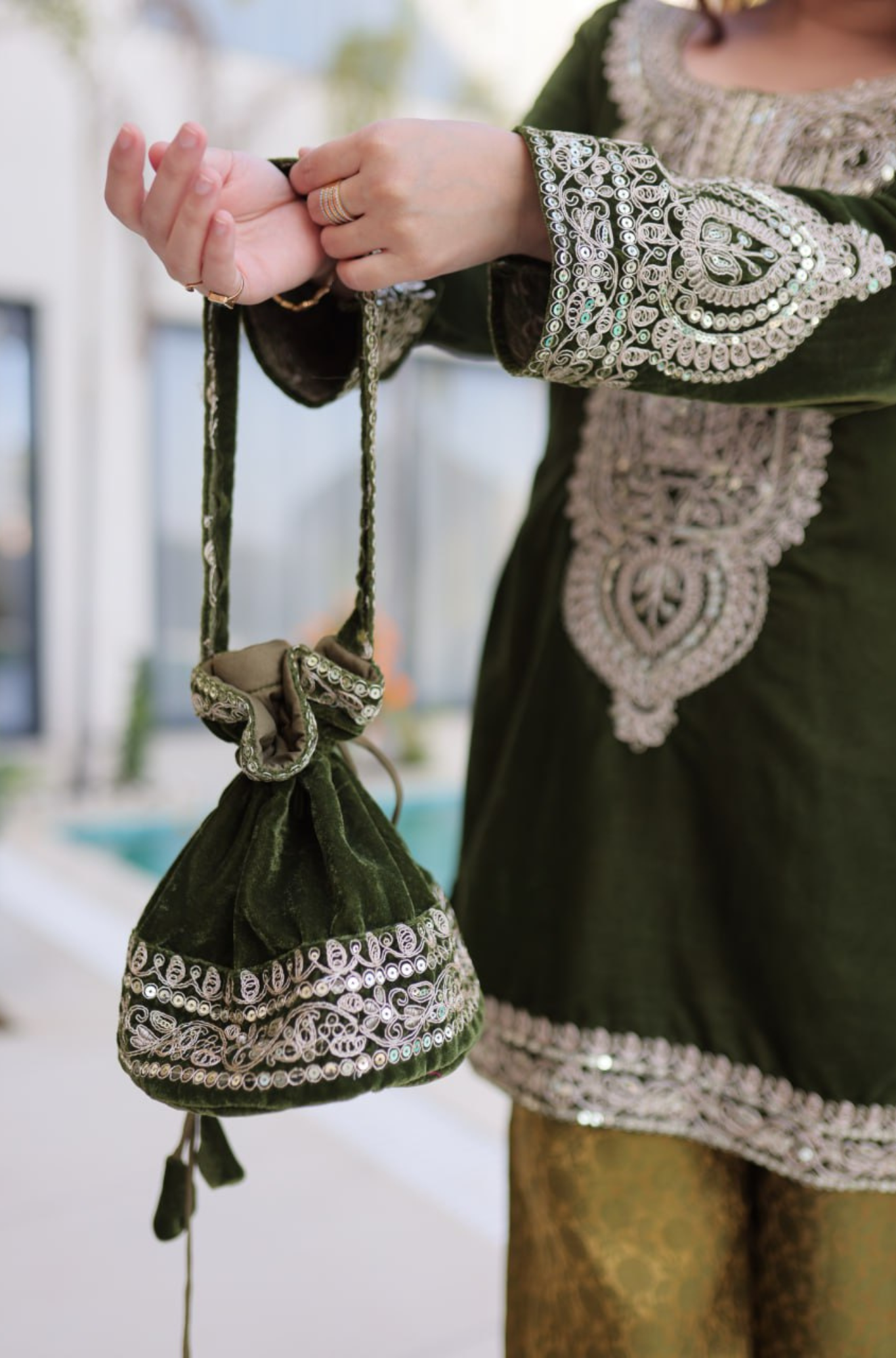 Designer Velvet Kurti Palazzo Set with Potli Bag for Women