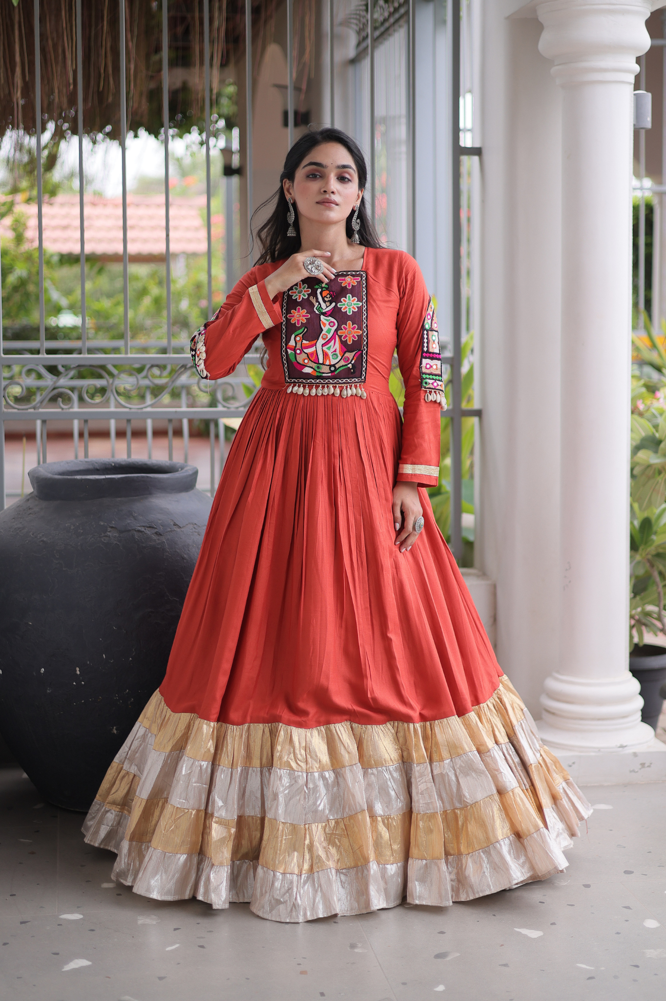 Women's Handcrafted Mirror Work Tiered Anarkali Gown